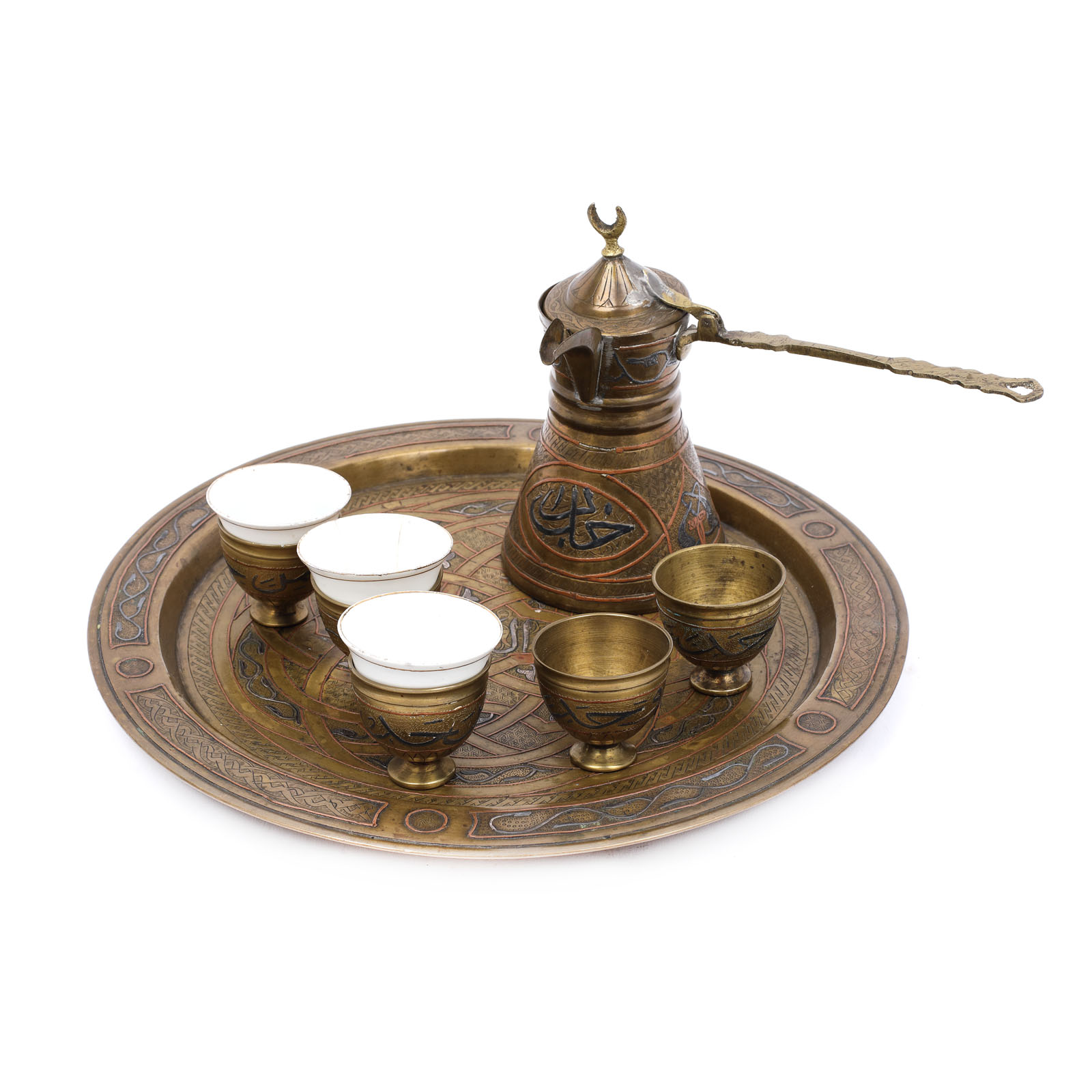 Coffee serving set consisting of a coffee pot, a tray and five small cups,  with arabesque decorations, the beginning of the 20th century, from the collection of dr. Horia Slobozianu