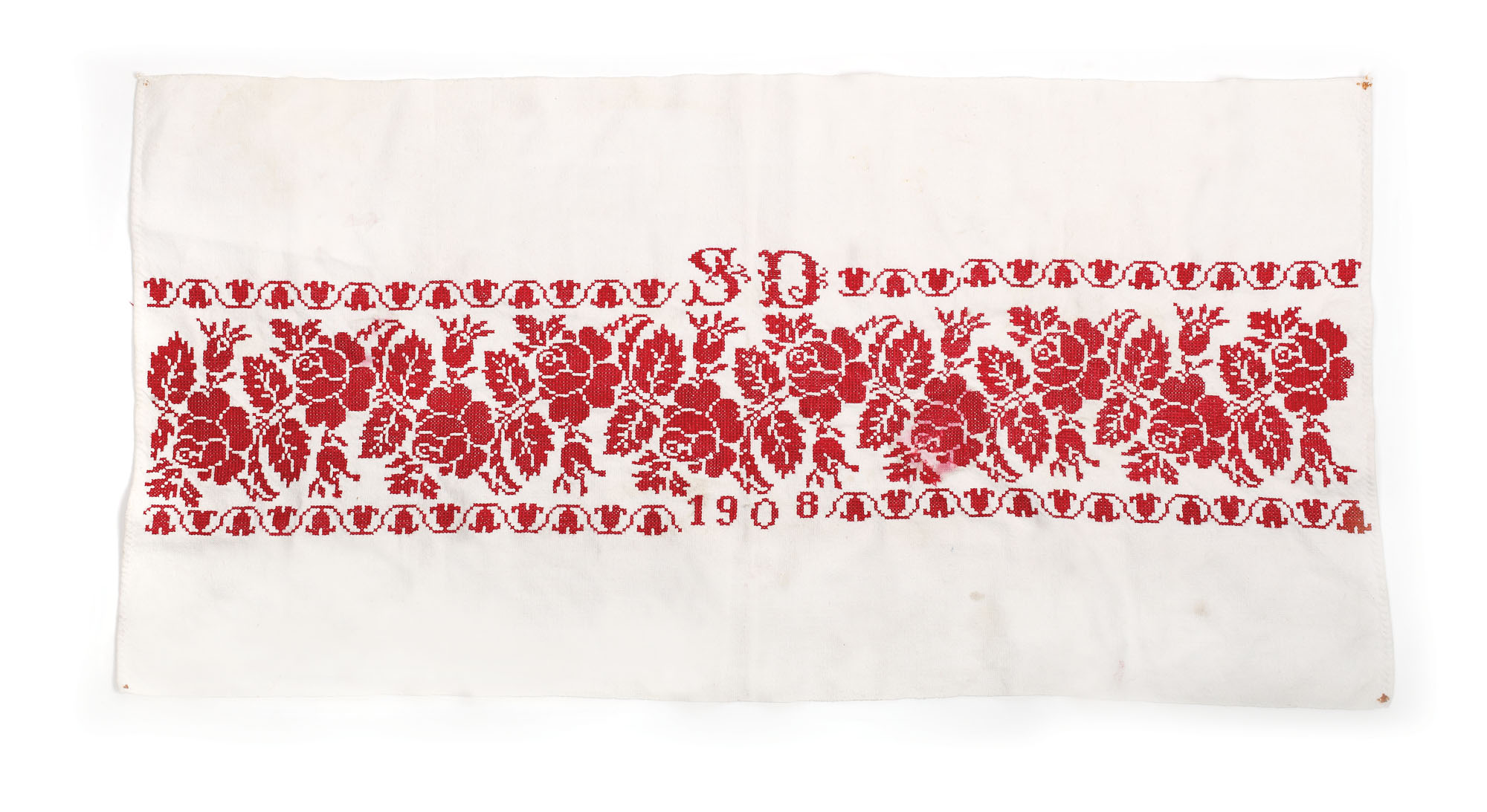 Păretar brodat, Transilvania (săsesc), datat 1908 şi cu monogramă "SD", inclusă în compoziţie