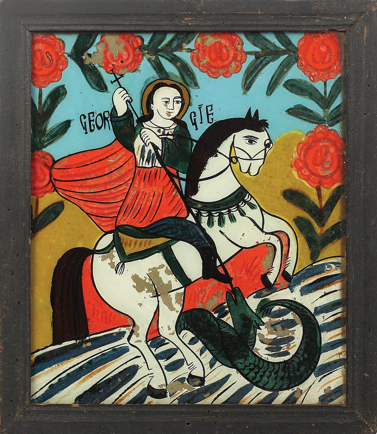 Icoană pe sticlă, reprezentându-L pe "Sfântul Gheorghe omorând balaurul", atelier transilvănean, sfârşitul sec. XIX