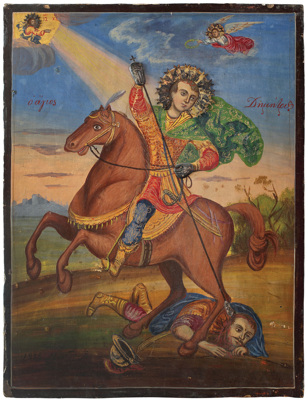 Icoană pe lemn cu inserturi metalice, reprezentându-L pe "Sfântul Dimitrie", datată 1858