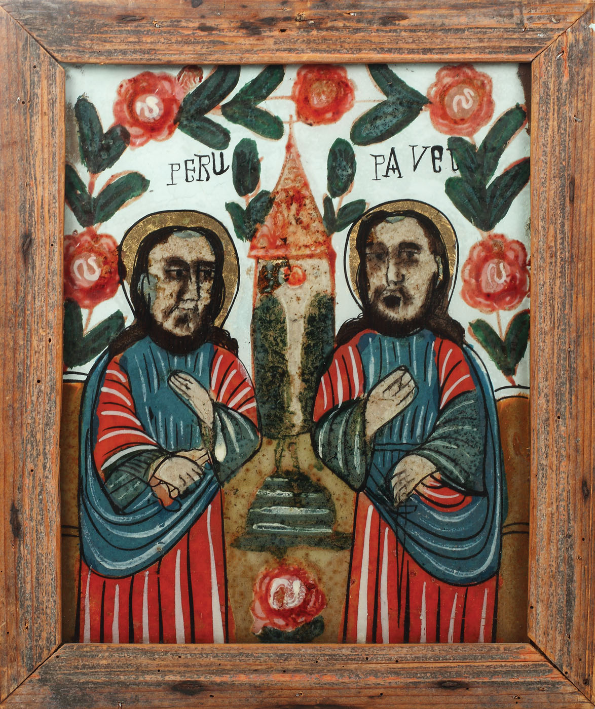 Icoană pe sticlă, reprezentându-I pe Sfinţii Apostoli Petru şi Pavel, atelier transilvănean, a doua jumătate a sec. XIX