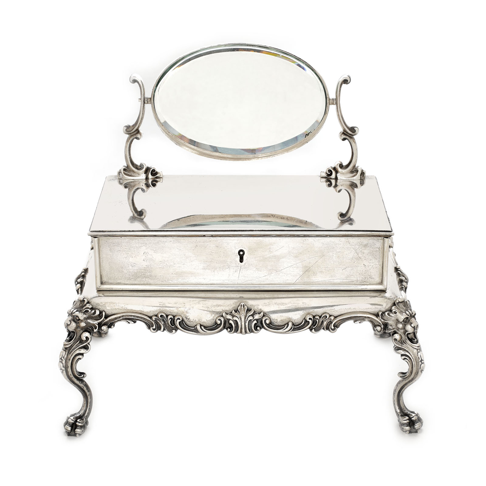 Miniature silver jewellery box  shaped as a vanity table with a mirror  