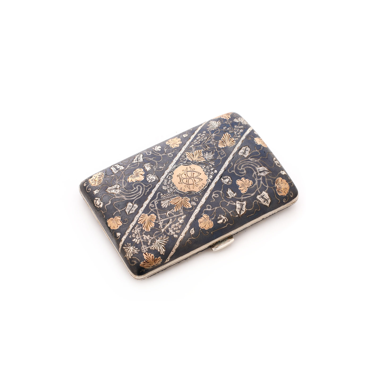 Cigarette case made of niello silver, decorated with gold inlays, approx. 1900