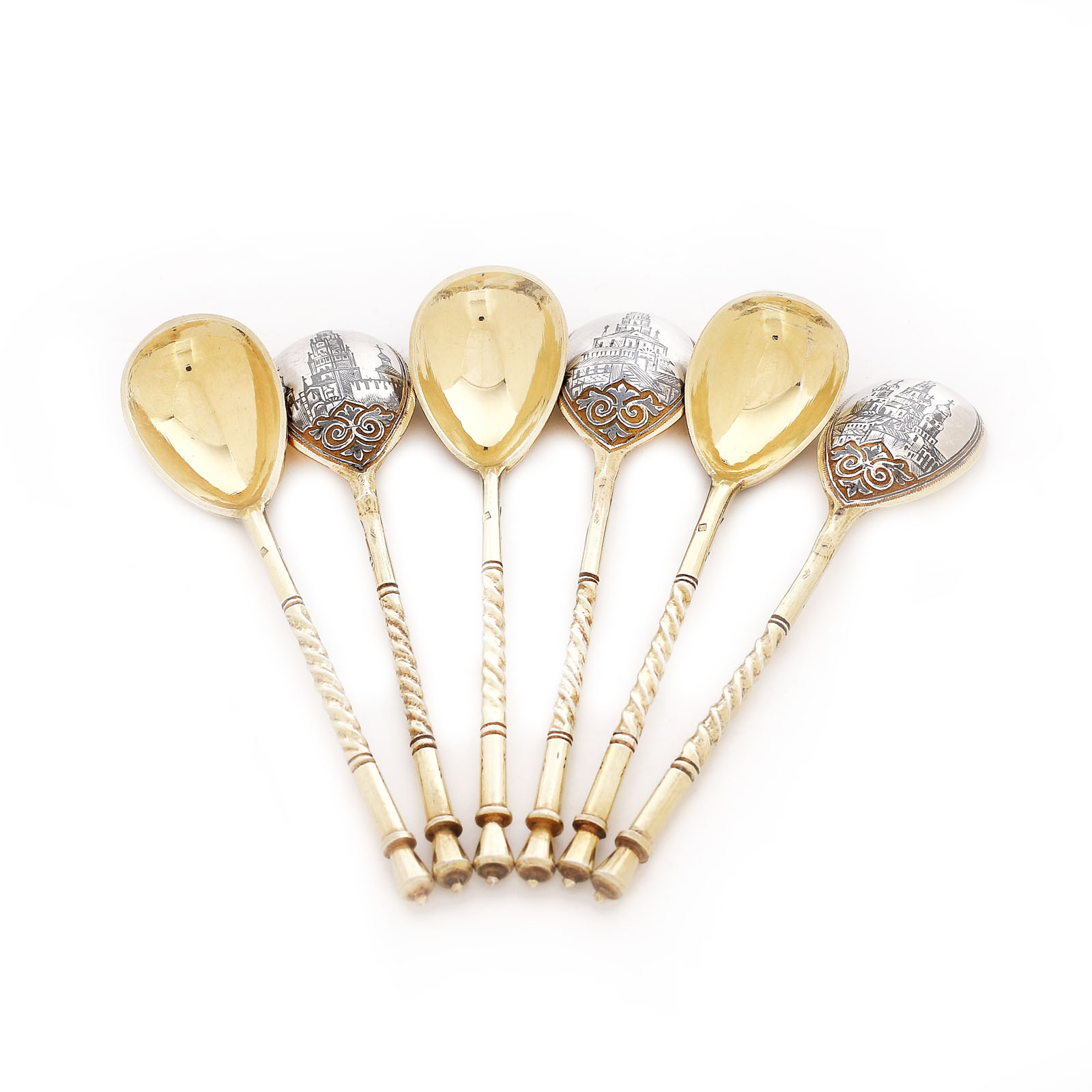 Set of six niello silver teaspoons, crafted by Agafenov Vasili Semenov, approx. 1896-1908