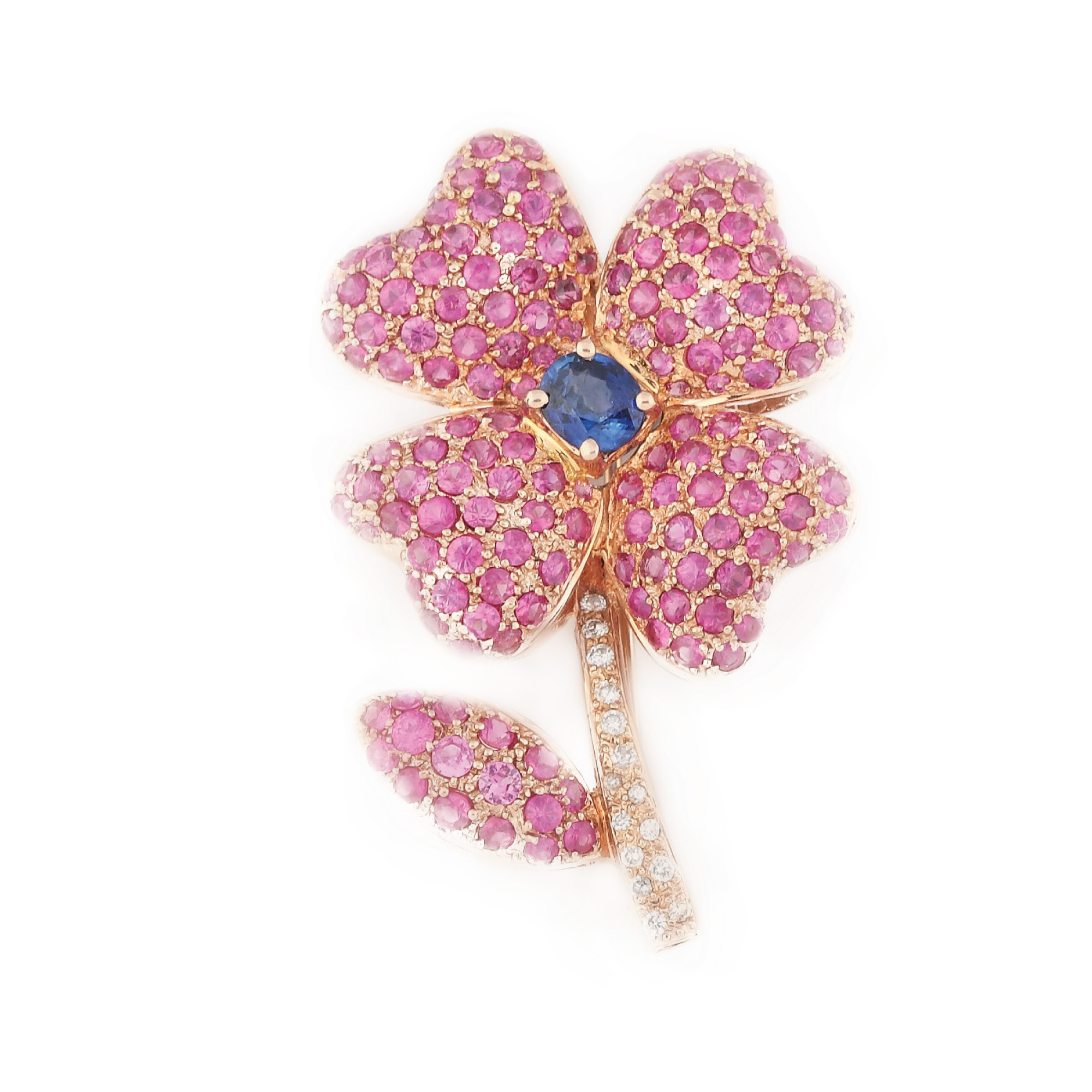 Broșă în formă de floare, din aur, ornată cu safir, rubine și diamante