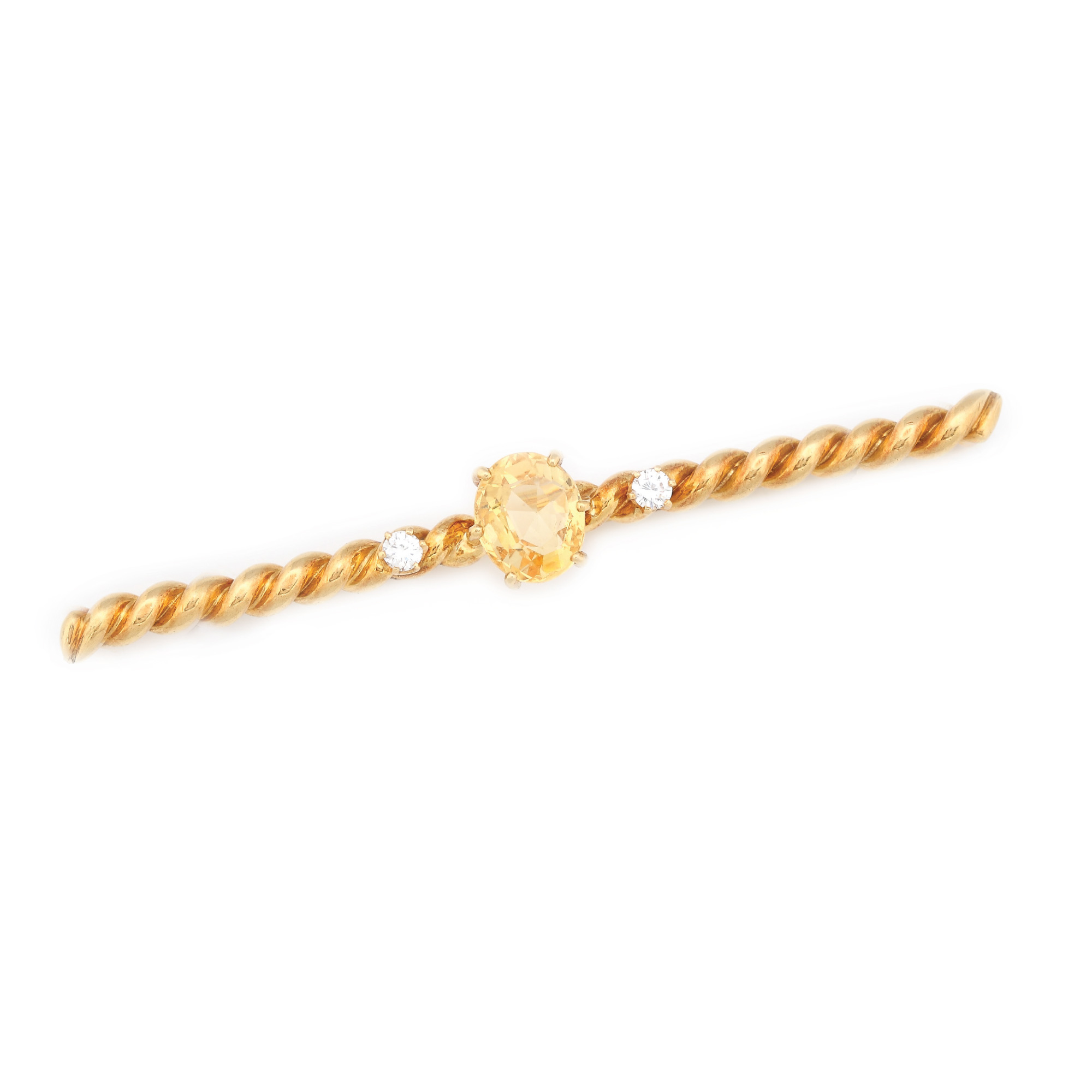 Broșă din aur, decorată cu safir galben și două diamante alăturate