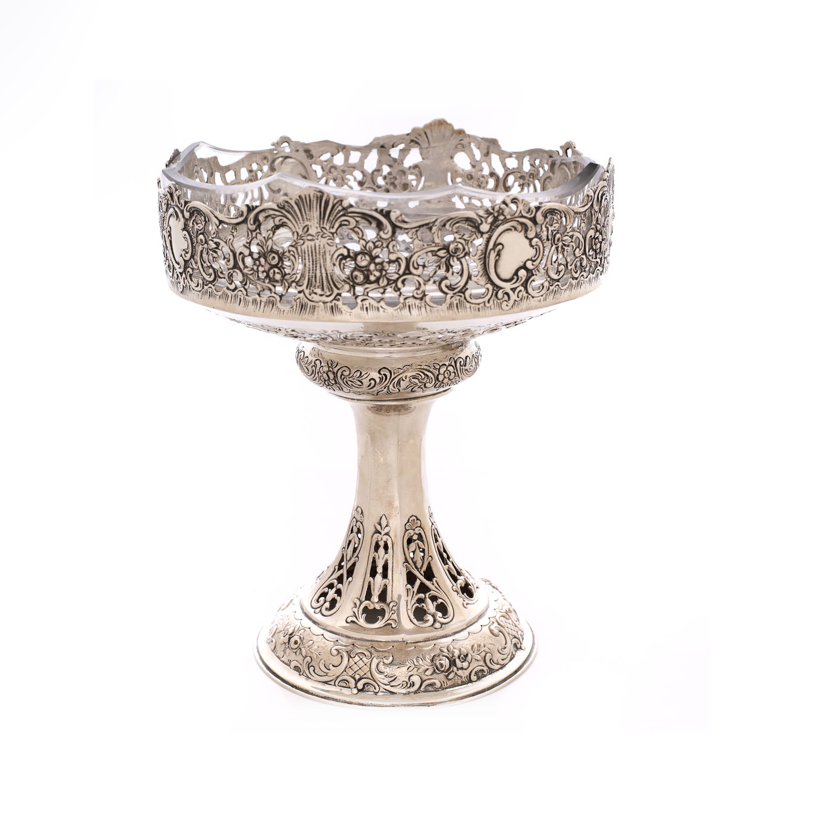 Candy bowl with Rocaille decoration, made of silver and crystal, approx. 1900