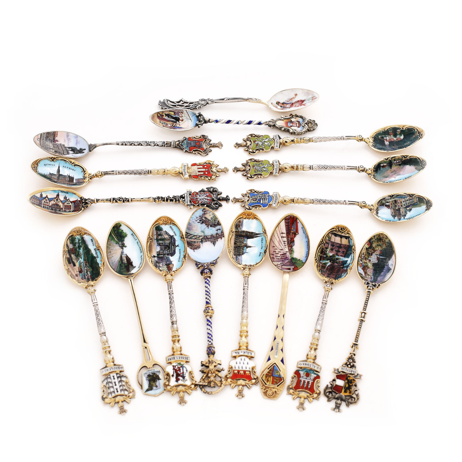 Set of sixteen souvenir-teaspoons made of silver, with enamel decoration illustrating urban landscapes and heraldry