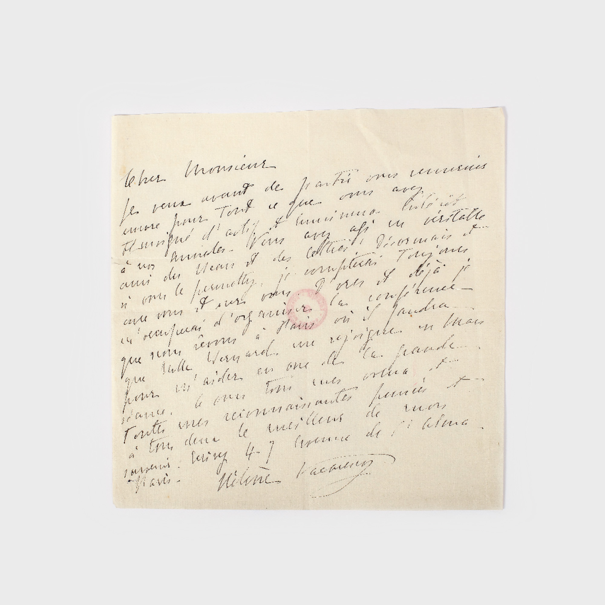 Filă de manuscris, scrisă şi semnată olograf de Elena Văcărescu