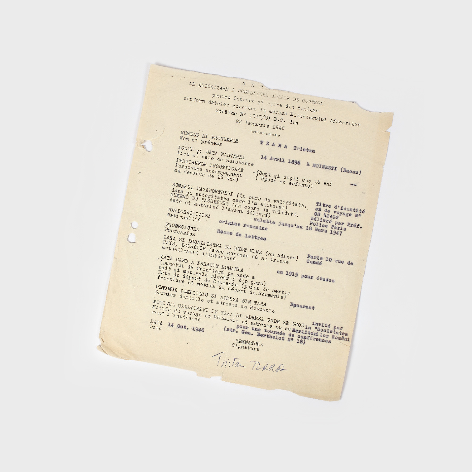 Cerere de autorizare pentru intrarea în România a lui Tristan Tzara, purtând semnătura olografă a acestuia, 14 octombrie 1946