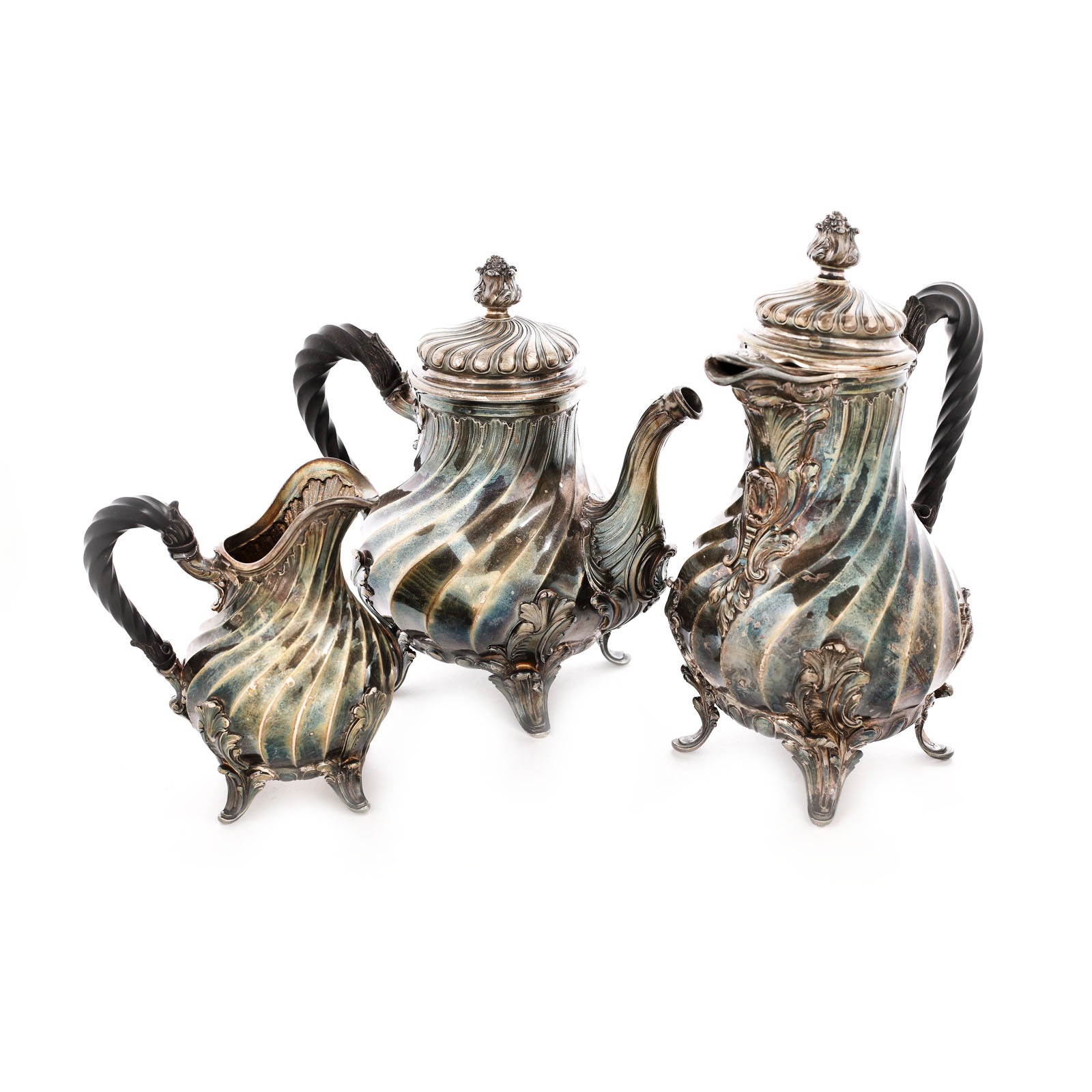 Set of Leroy & Cie. silver teapots and milk ladle made for Jules Piault, the end of the 19th century