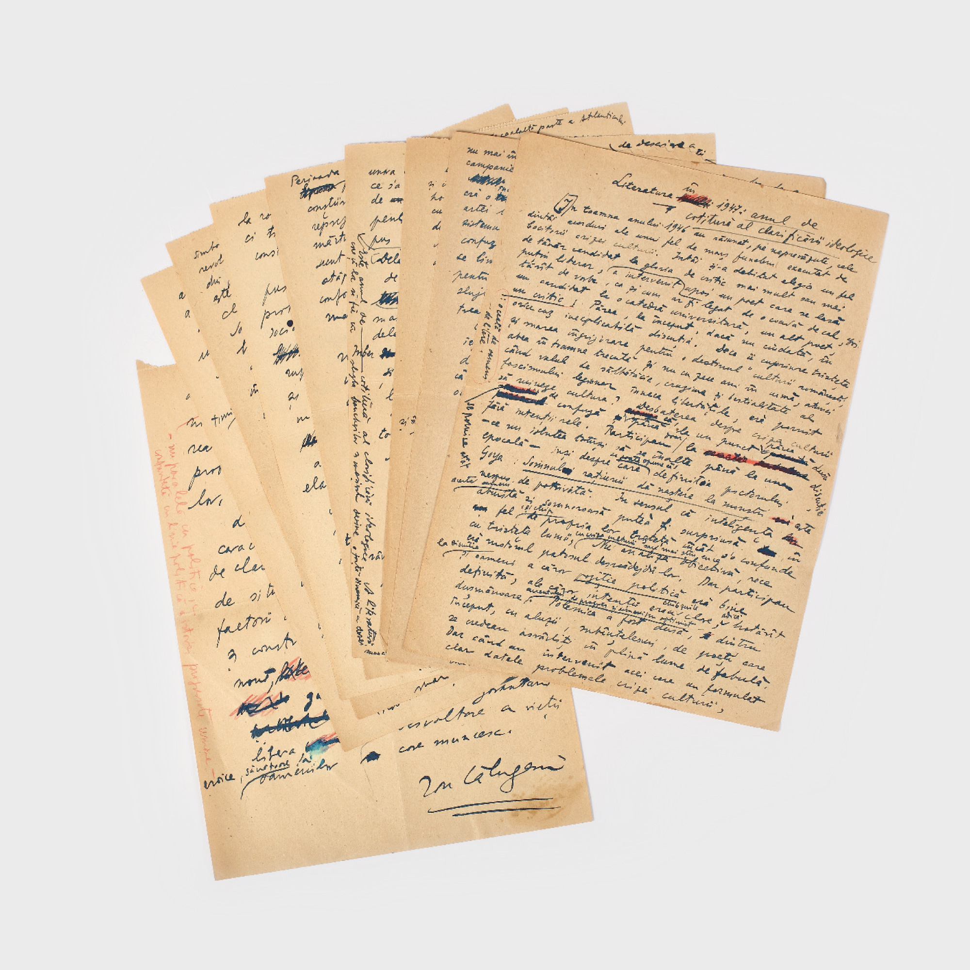 Nouă file manuscris, conţinând textul "Literatura în 1947",­ anul de cotitură al clarificării ideologice, semate de Ion Călugăru; pledoarie pentru realismul socialist, provine din colecţia Saşa Pană
