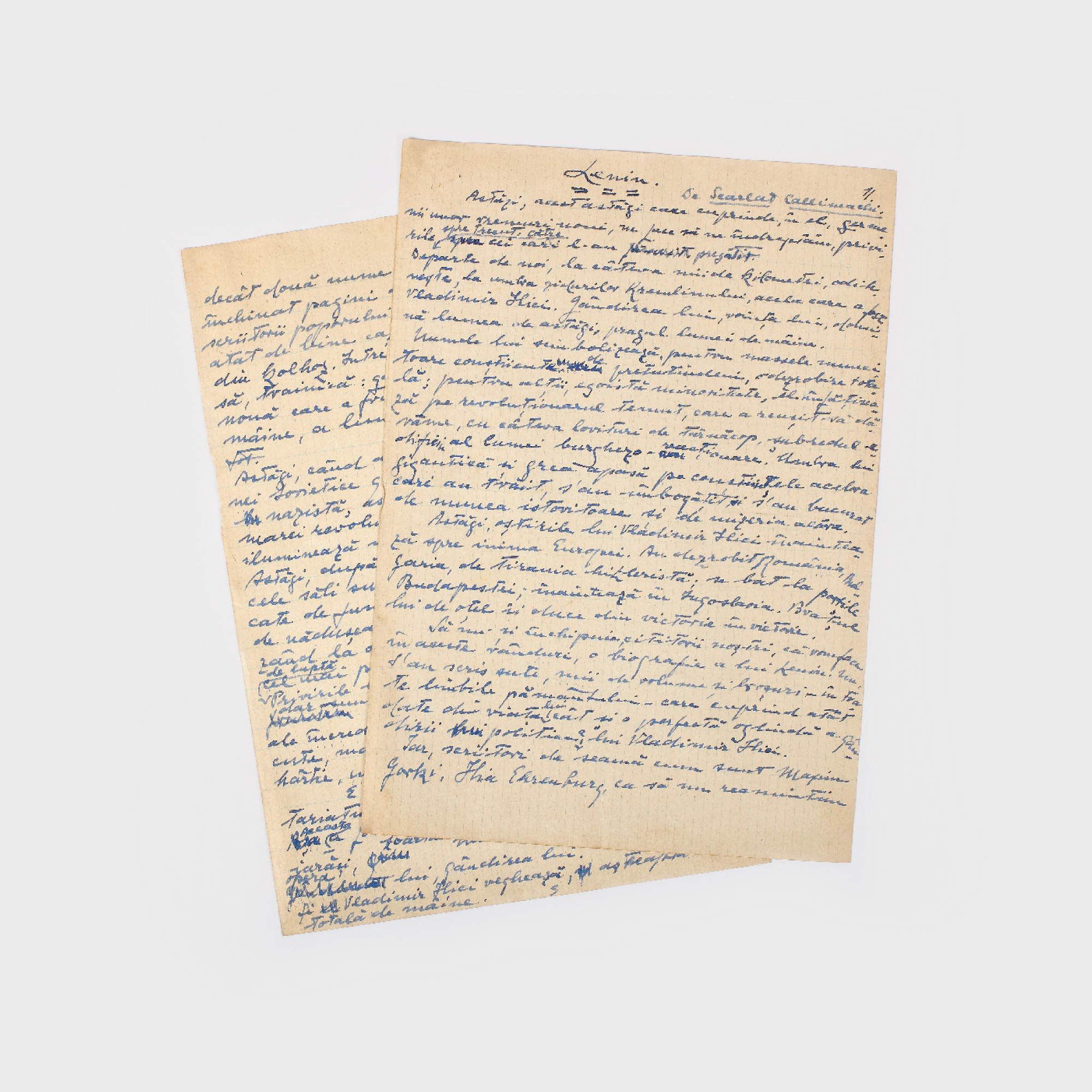 Două file manuscris, conţinând textul intitulat "Lenin", de Scarlat Callimachi; text pentru Revista Orizont, provine din colecţia Saşa Pană