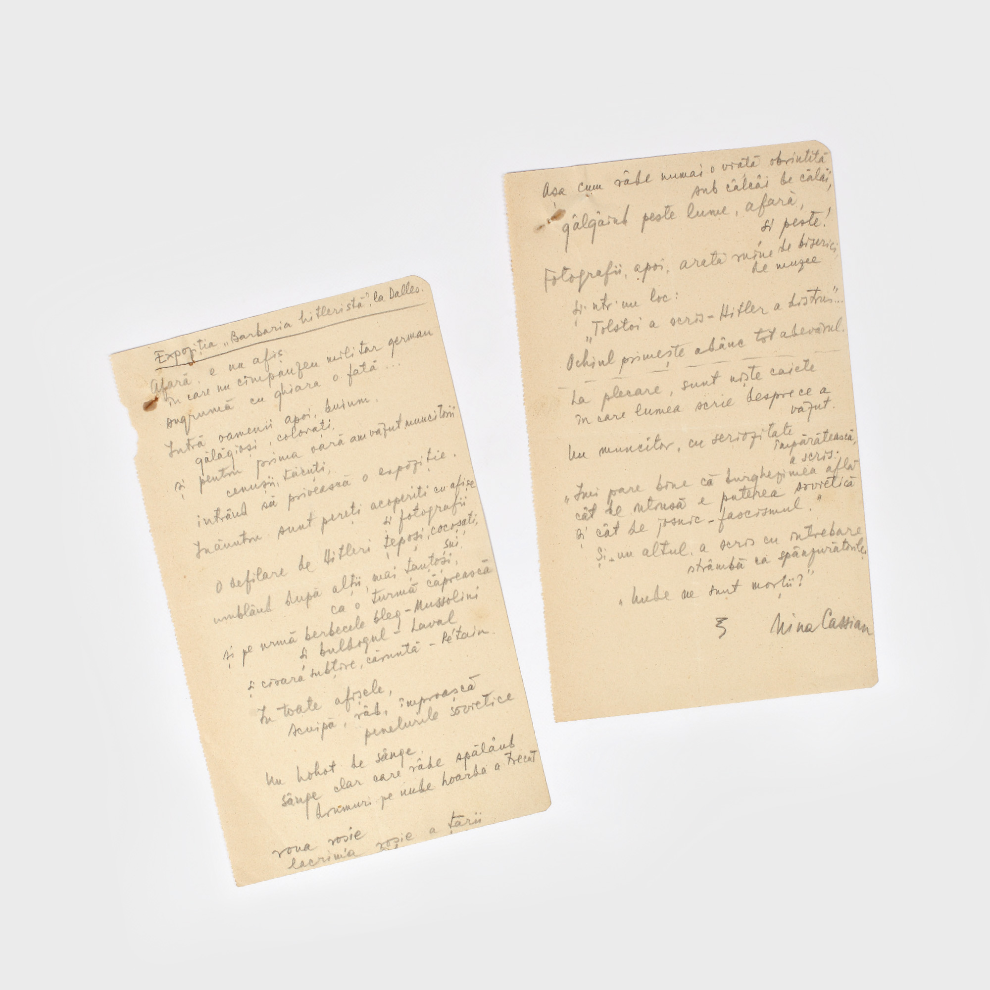 Două file de manuscris, Expoziţia "Barbaria hitleristă" la Dalles, cu semnătura olografă a autoarei, Nina Cassian, provine din colecţia Saşa Pană