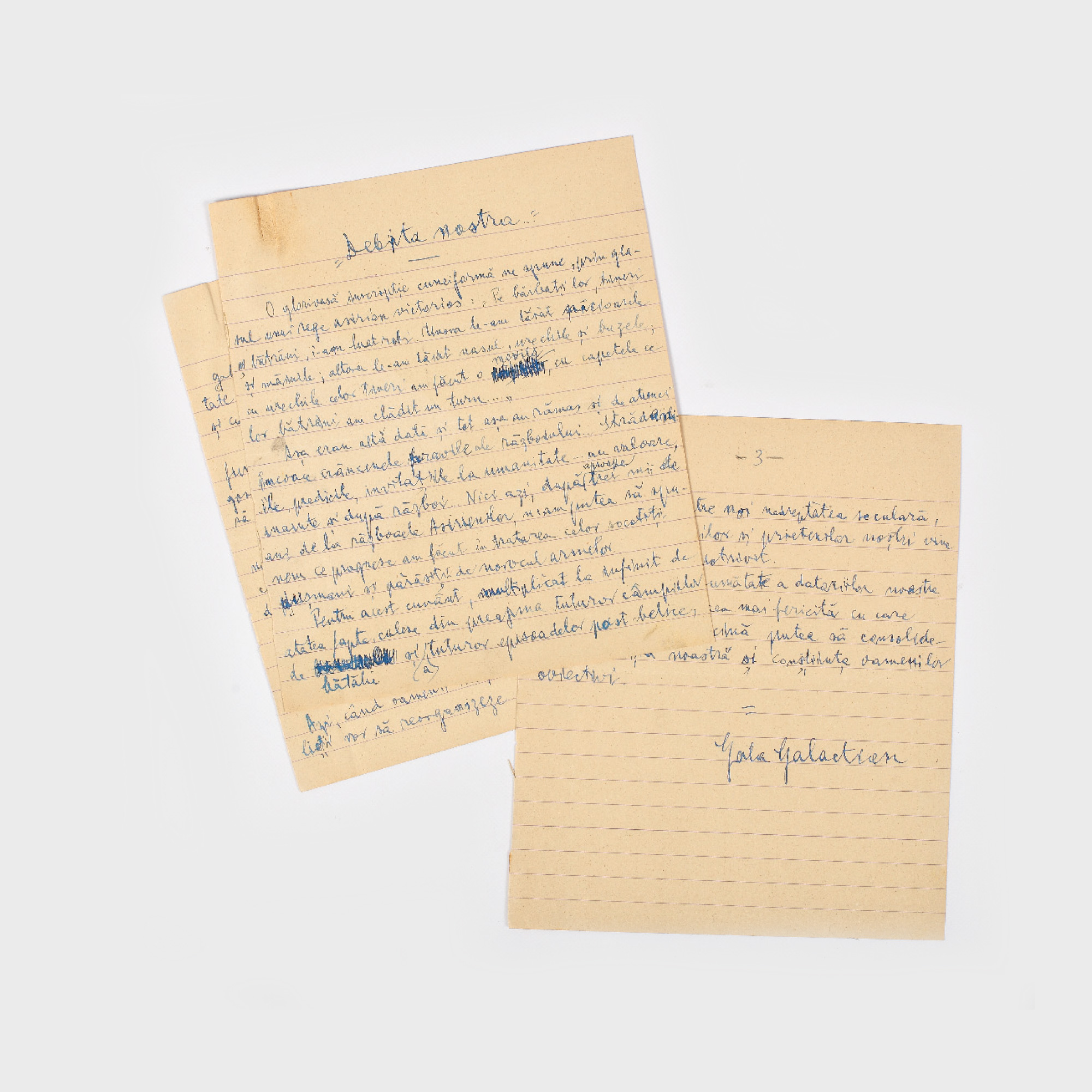 Manuscris "Dreapta noastră", de Gala Galaction, provine din colecţia Saşa Pană