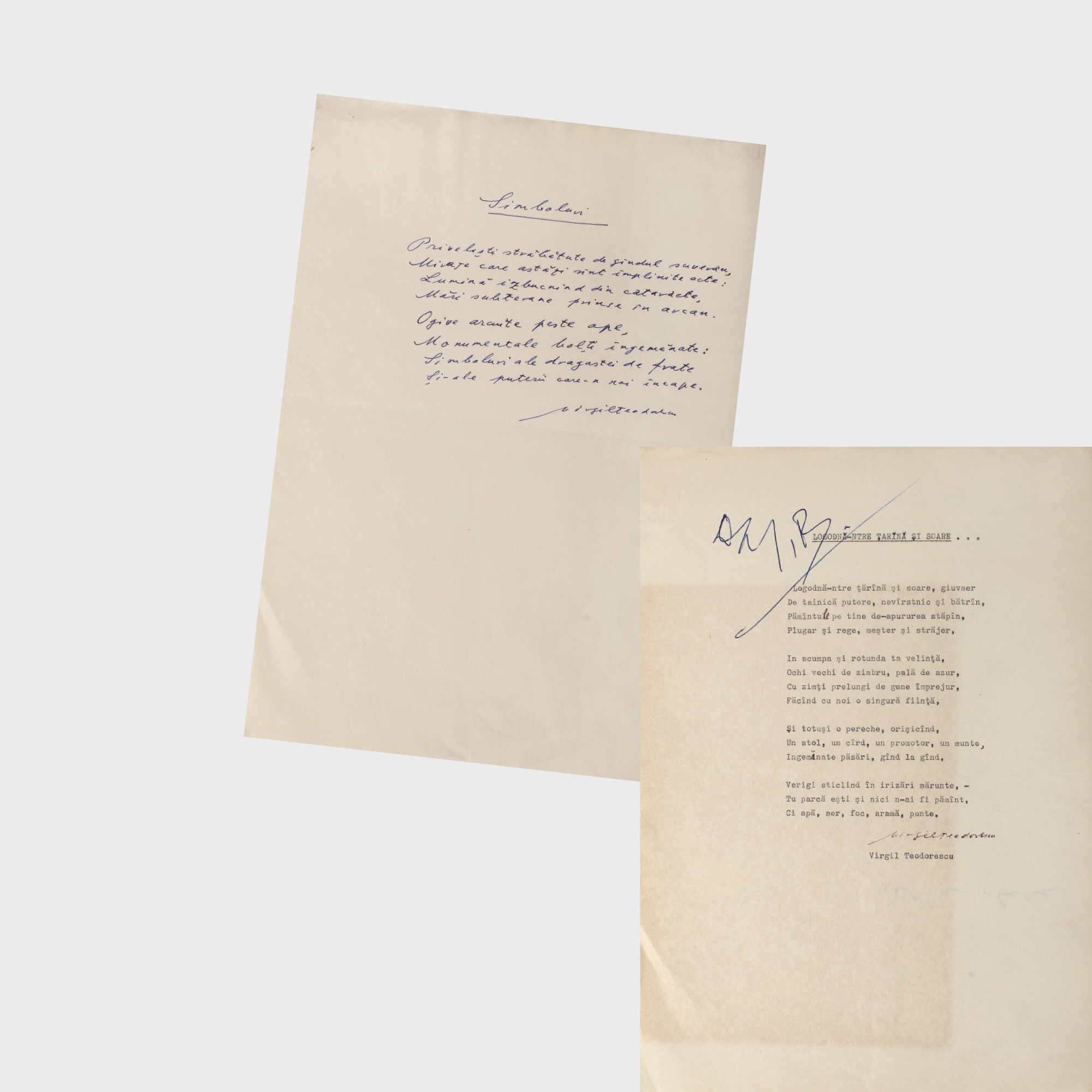 Lot format din o filă manuscris, conţinând poemul "Simboluri" şi o filă dactilografiată, conţinând poemul "Ţărână şi Soare", ambele scrise şi semnate olograf de Virgil Teodorescu, provine din colecţia Saşa Pană