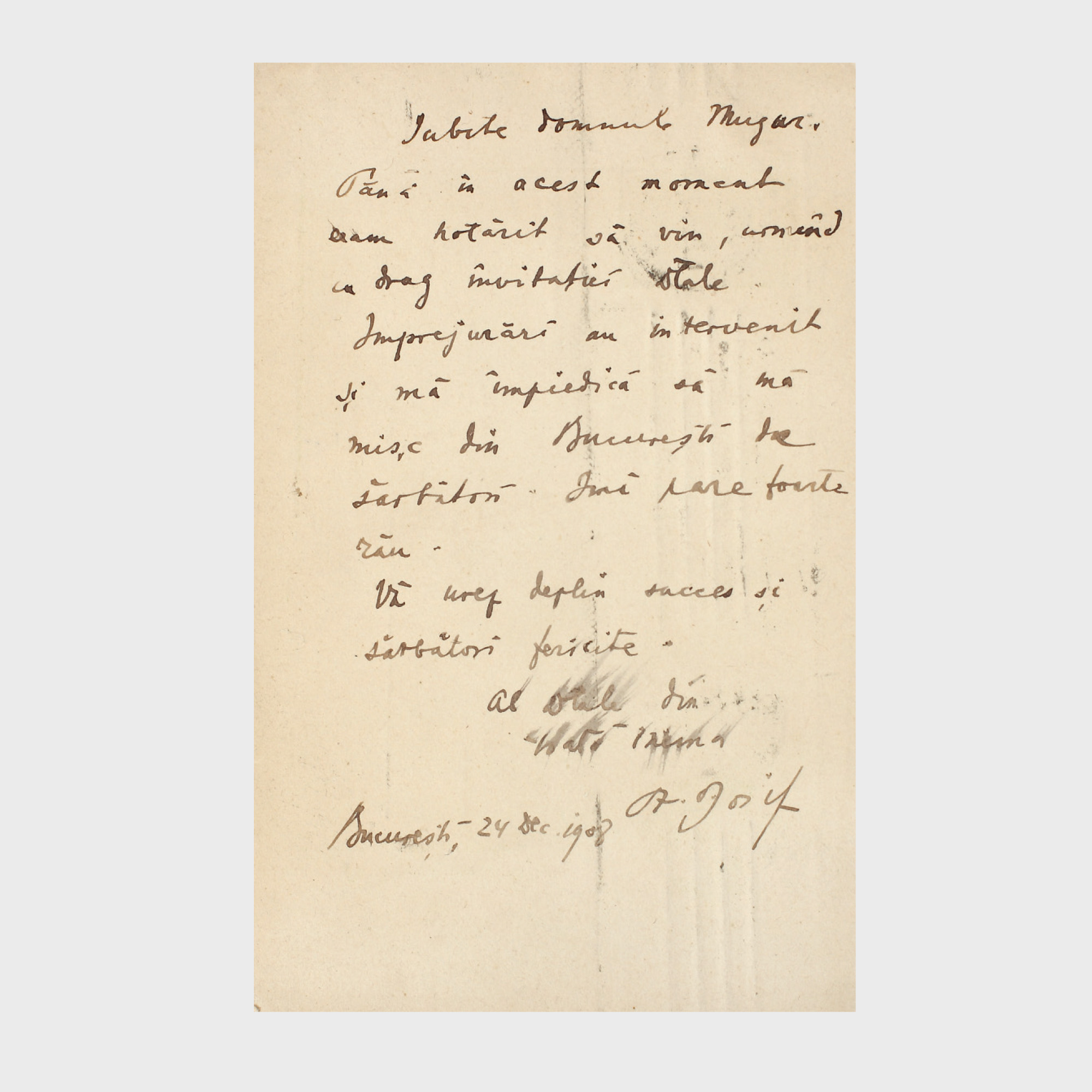 Carte Poştală scrisă şi semnată olograf de Șt.O. Iosif, care­ îl anunţă pe directorul şcolii din Sinaia că nu se mai duce la Sinaia, datată 24 decembrie 1908