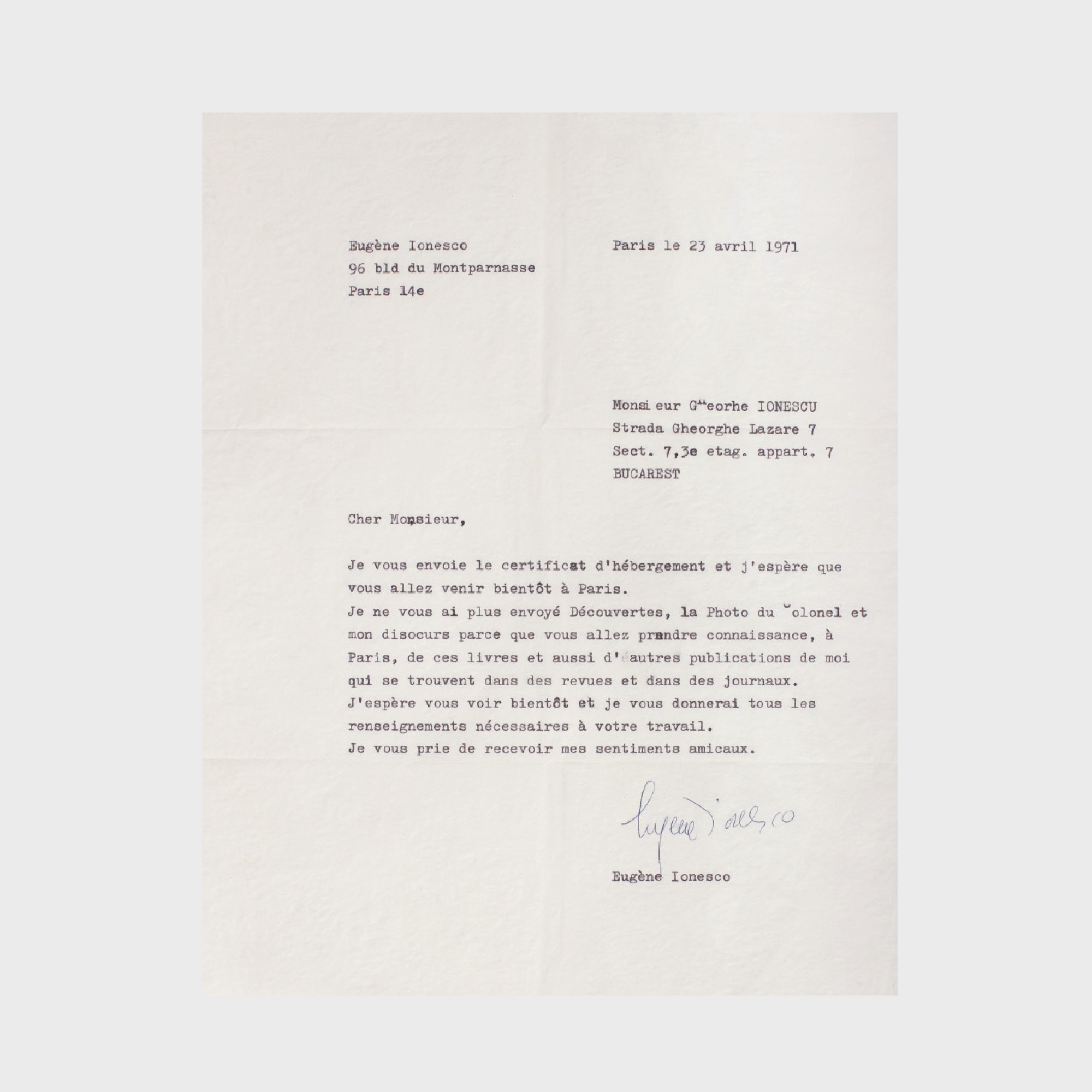 Scrisoare trimisă şi semnată olograf de Eugen Ionescu, către Gheorghe Ionescu, 23 aprilie 1971