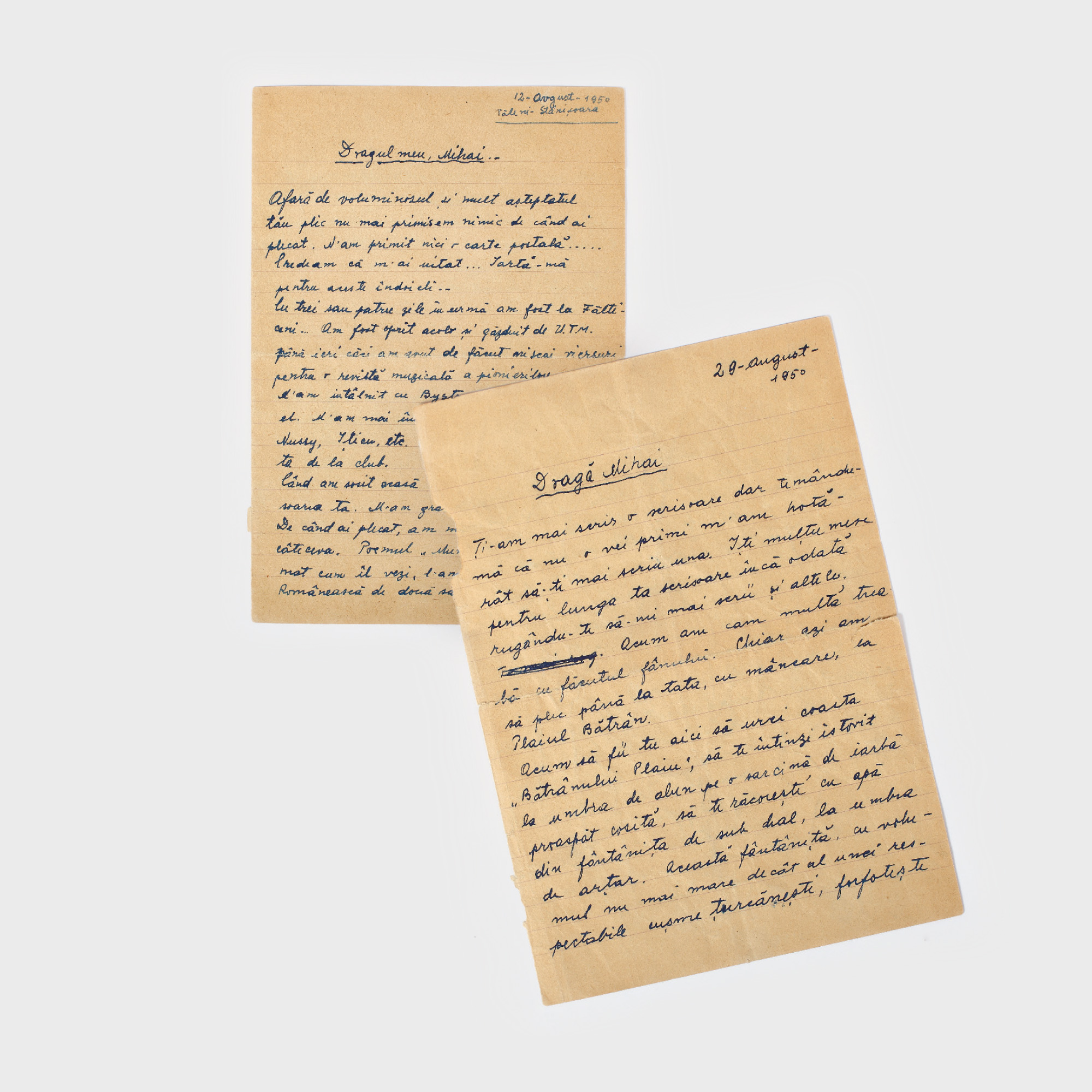 Două file de manuscris, scrise şi semnate olograf de Nicolae Labiş, 12 august 1950 şi 29 august 1950