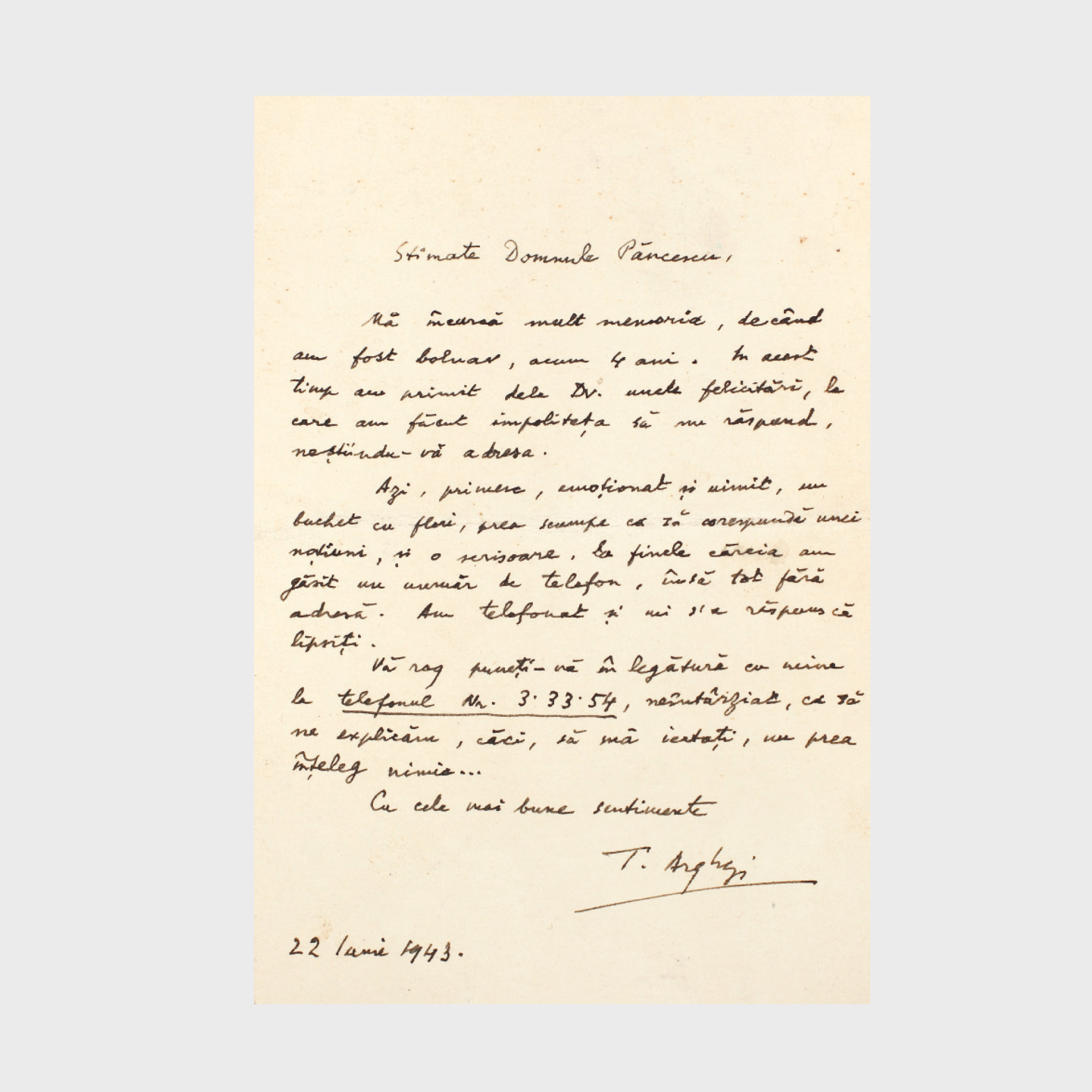 Bilet de mulţumire scris şi semnat olograf de Tudor Arghezi, datat 22 iunie 1943