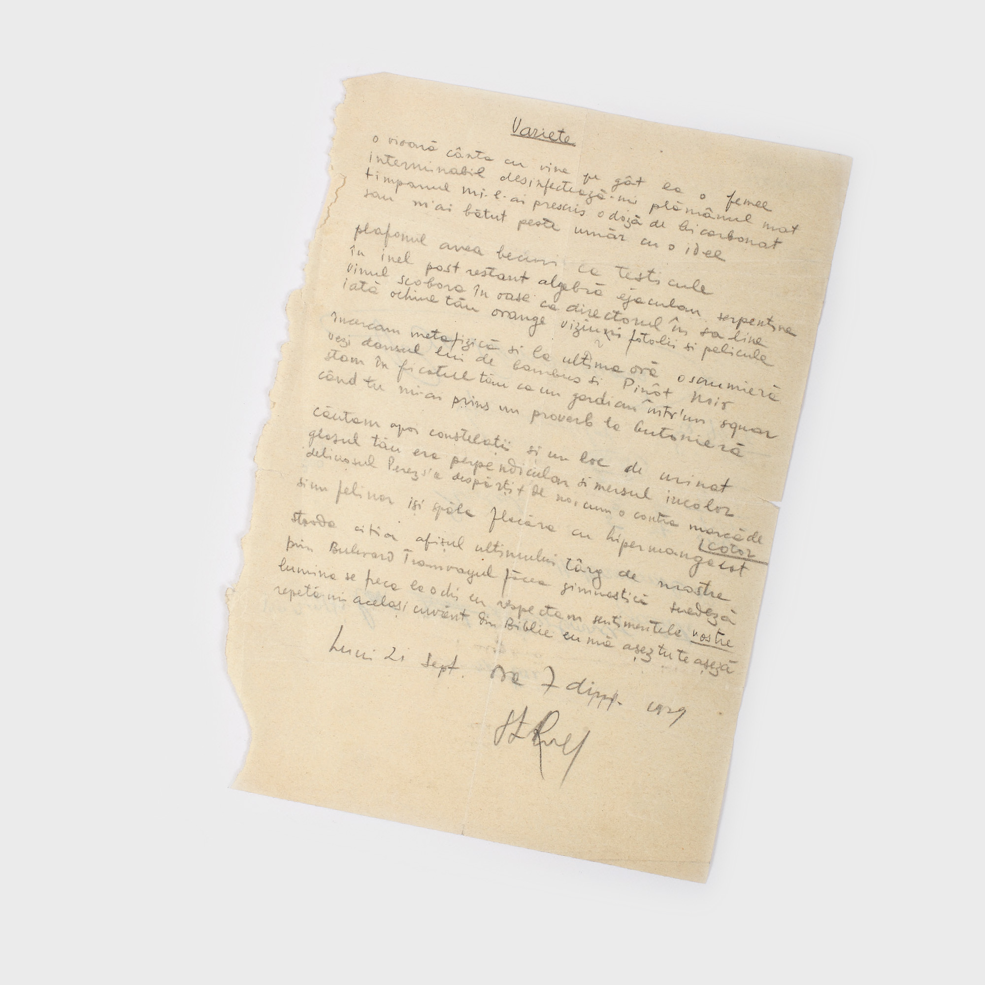 Manuscris, poemul ”Variete”, scris şi semnat olograf de Stephan Roll, 21 septembrie 1929