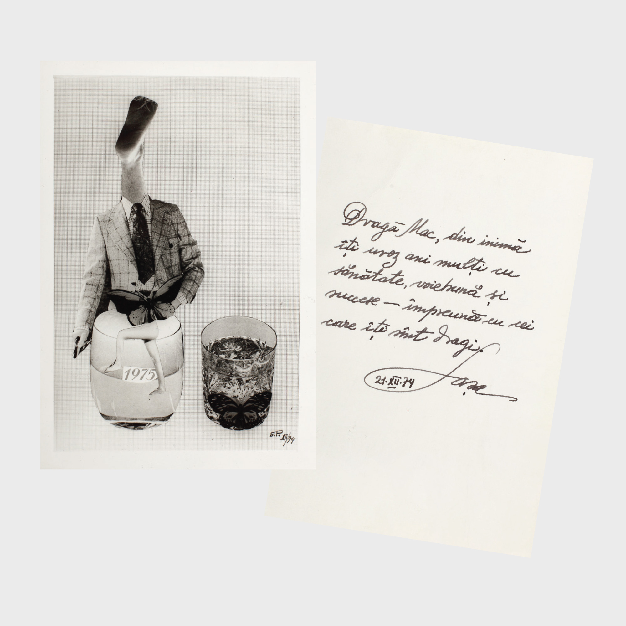 Fotografie a unui colaj realizat de Saşa Pană, semnată olograf autor şi dedicată lui George Macovescu, 21 iulie 1974, provine din colecţia fostului ministru de externe şi fost preşedinte al Uniunii Scriitorilor, George Macovescu