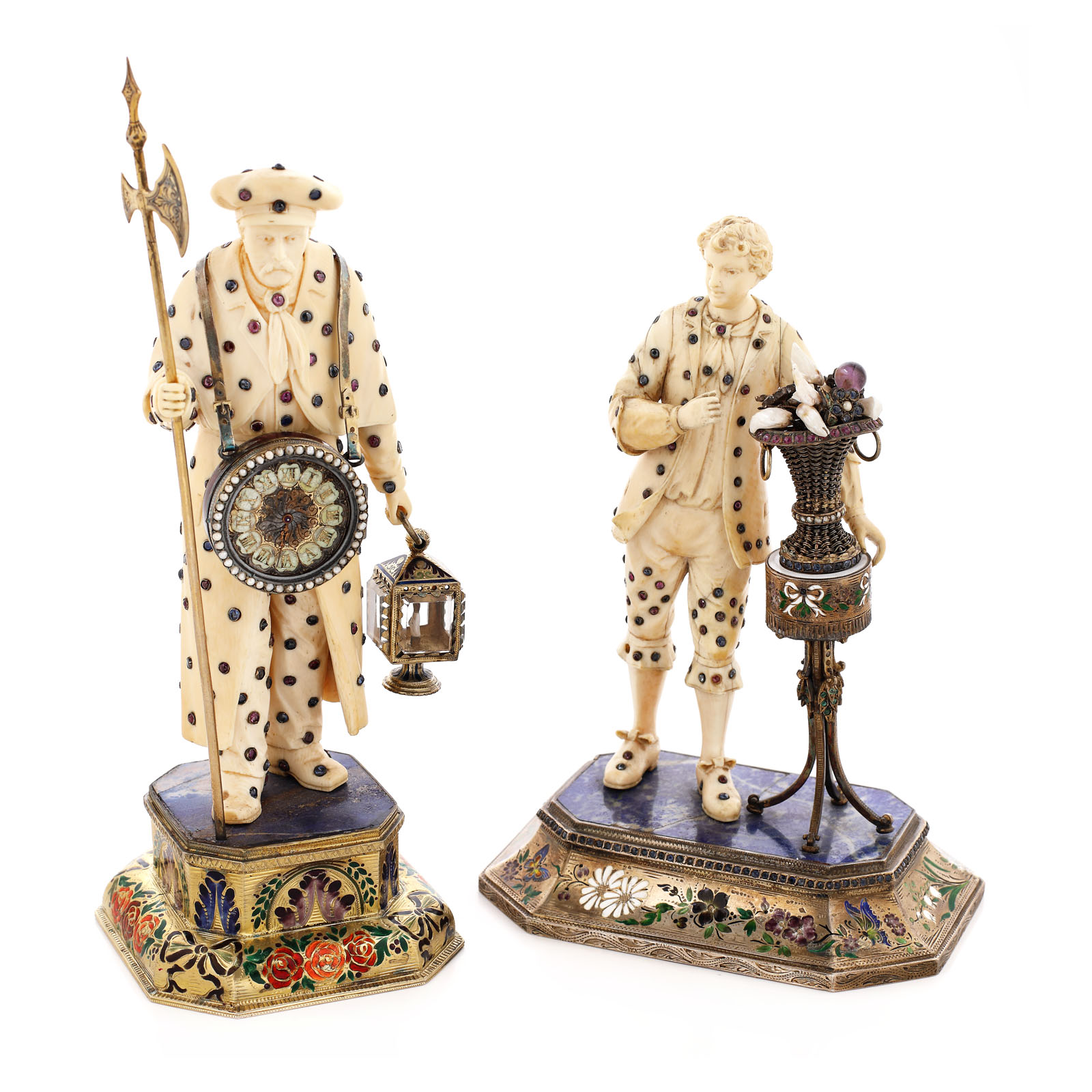 Remarcabile statuete decorative din fildeș, decorate cu pietre prețioase, sfârșitul sec. XIX, piese de colecție