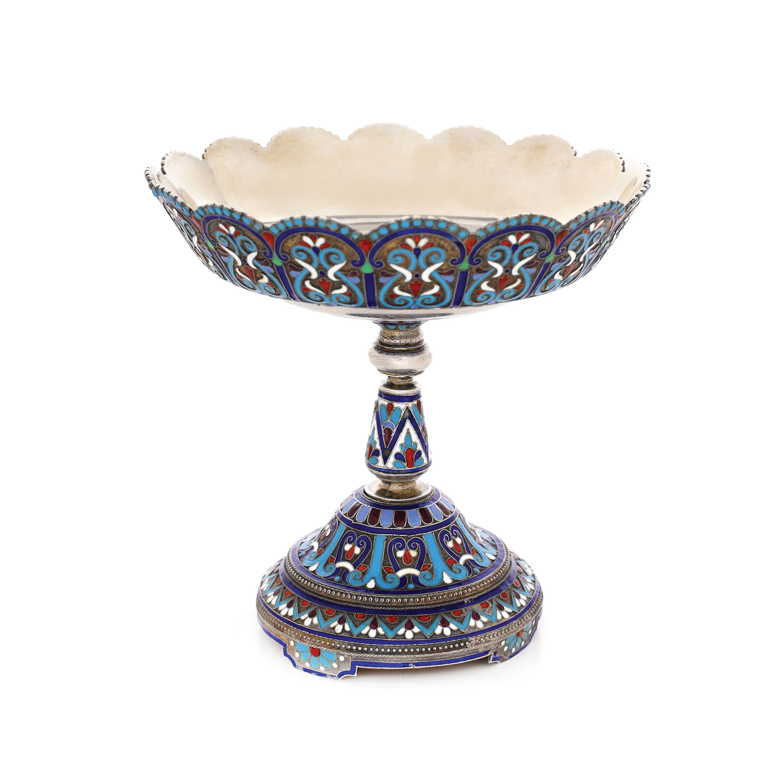 Silver tazza with beautiful enamel ornaments, approx. 1891