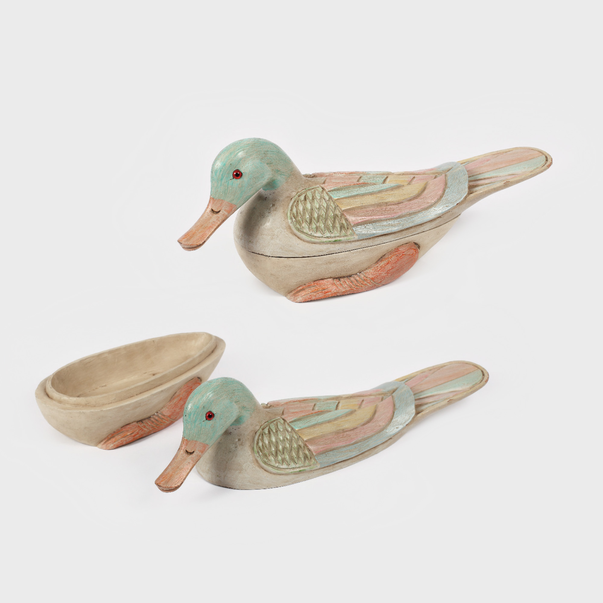 Cutie decorativă din lemn, în forma unei rațe în culori pastel 