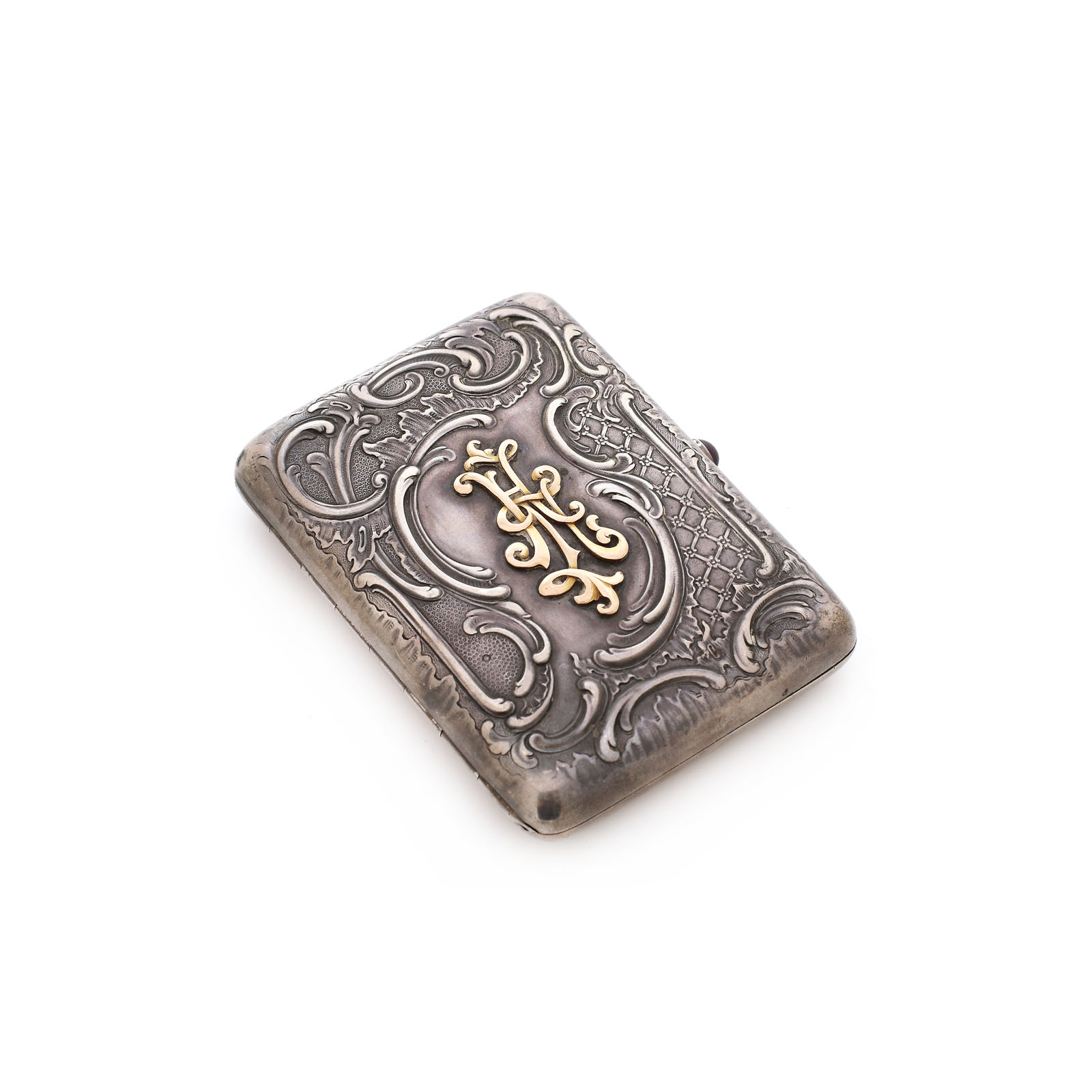 Silver cigarette case decorated with Rocaille motifs, with gold monogram and engraved, approx. 1860-1903