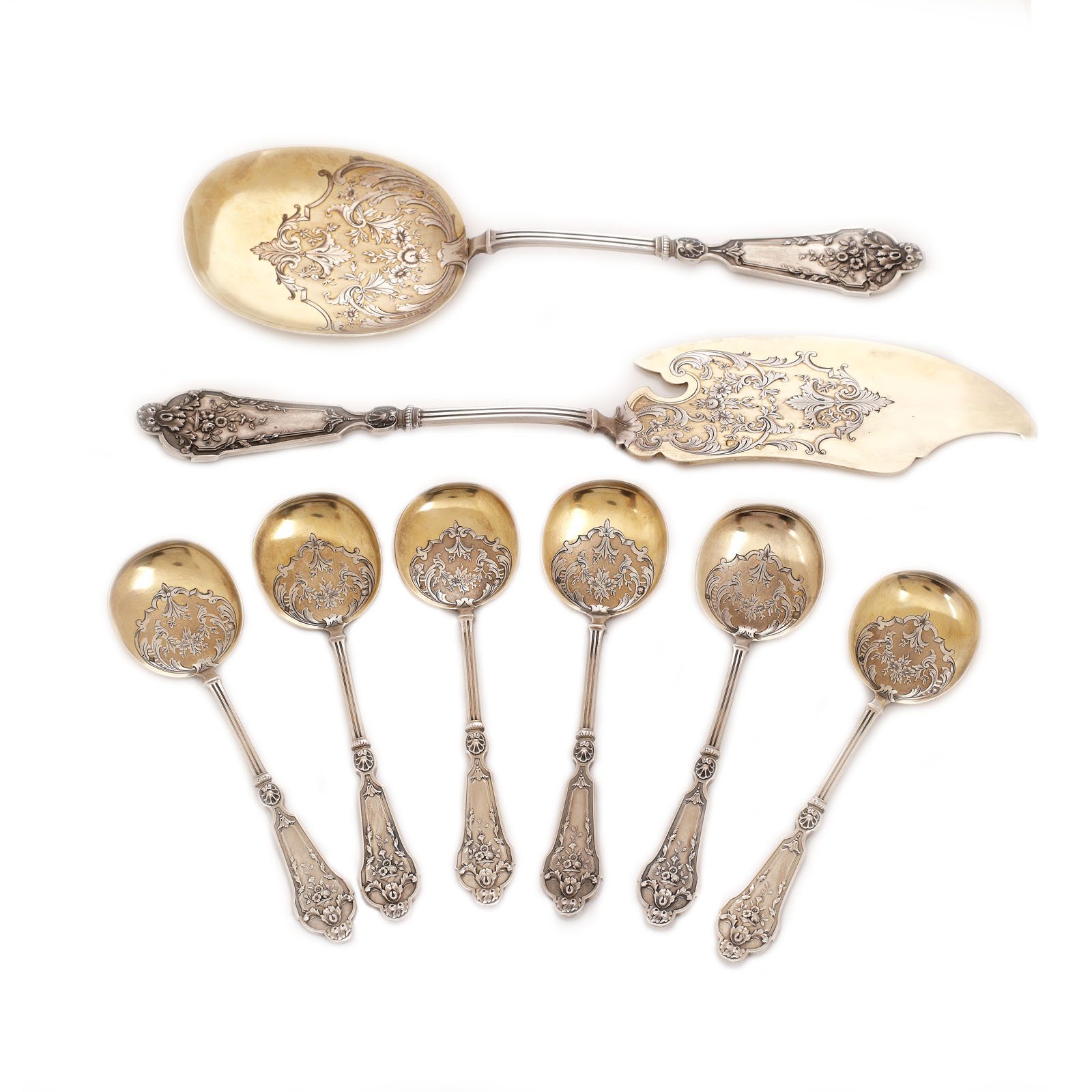 Set din argint aurit, pentru înghețată, format din 6 lingurițe, paletă și cuțit, 1901-1904