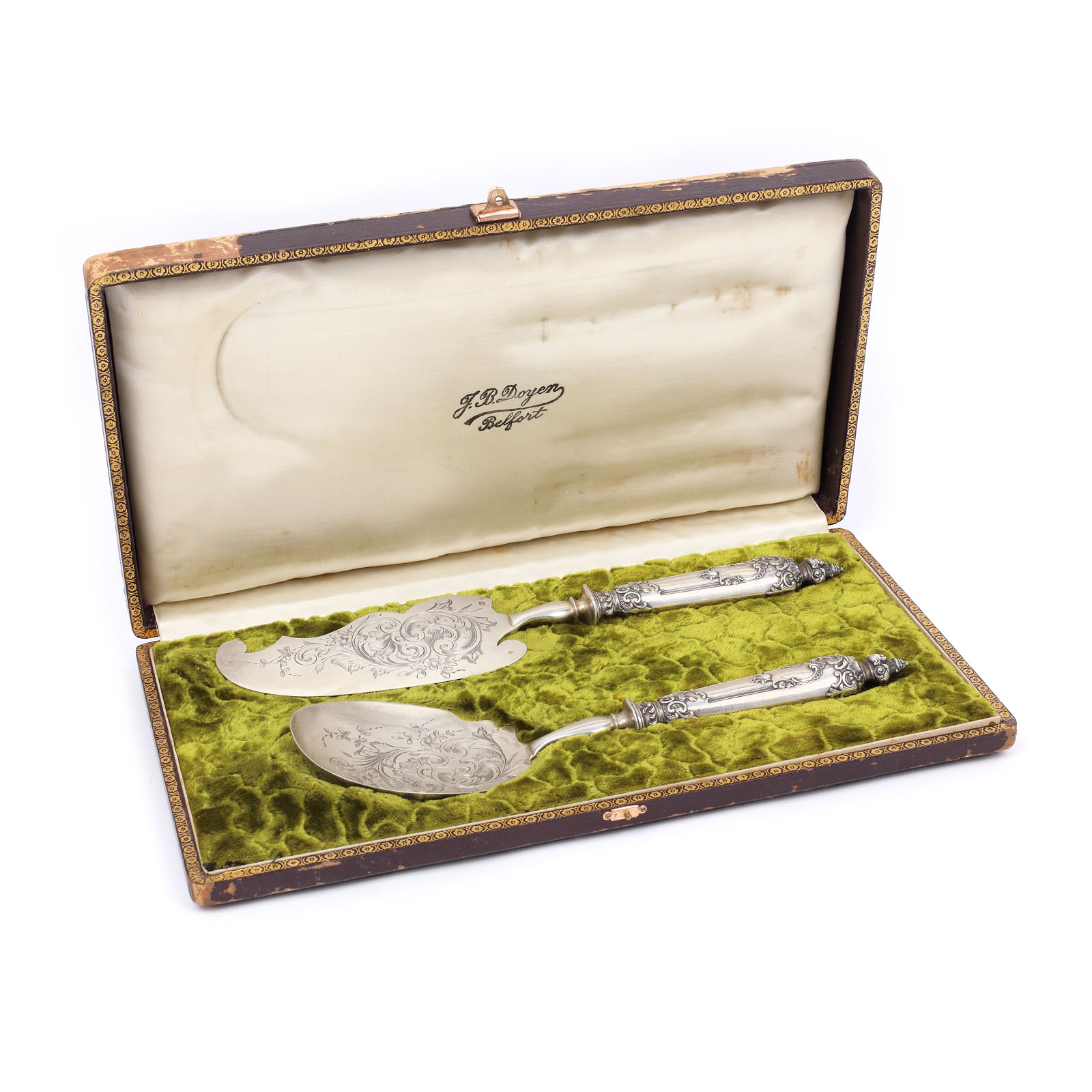 Pair of silver cutlery for cake, approx. 1900, in its original box