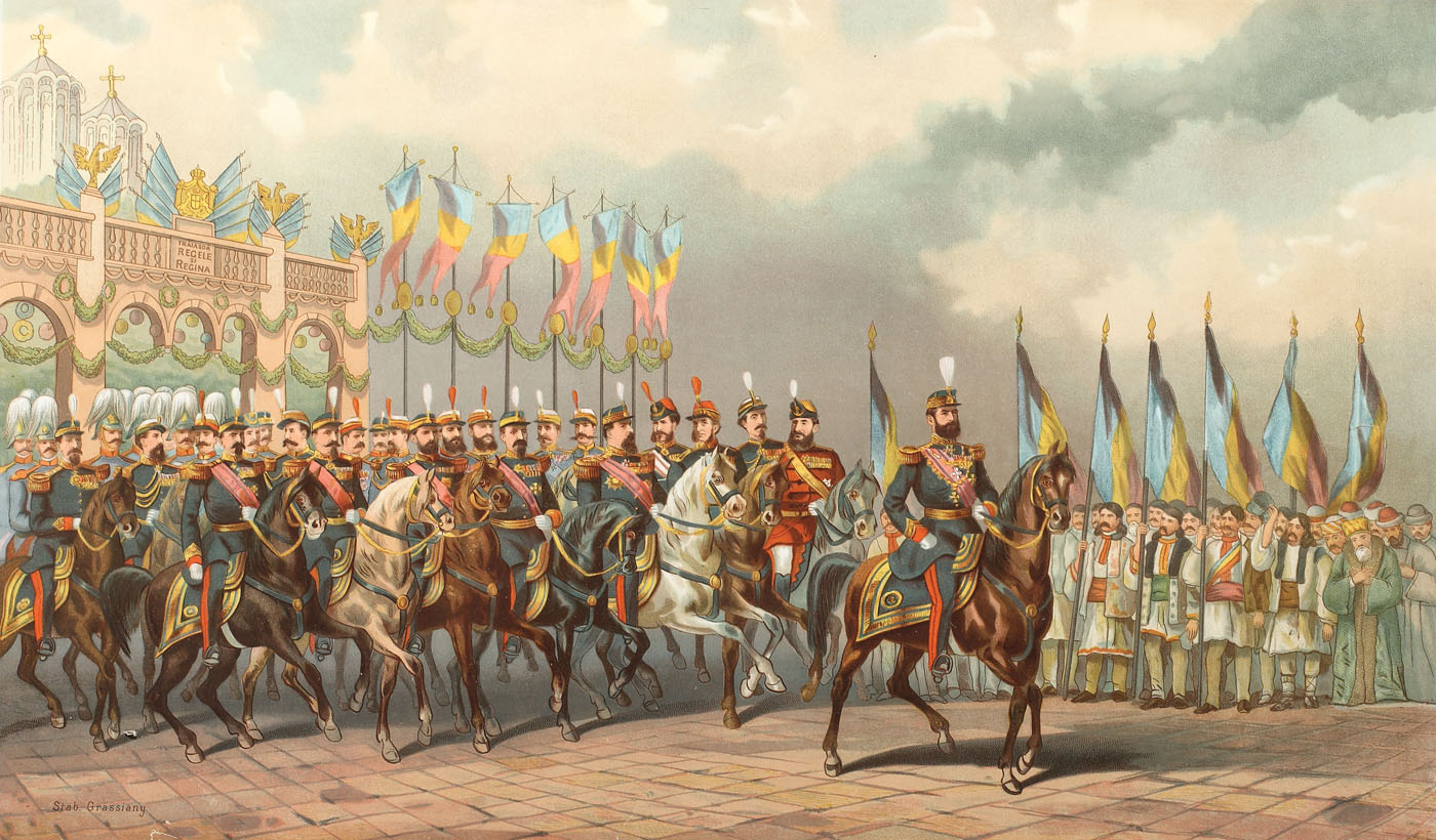 Regele Carol I cu suita, cromolitografie din Albumul Carelor Simbolice, realizată de Carol Popp de Szathmari cu ocazia încoronării Regelui, 10 mai 1881