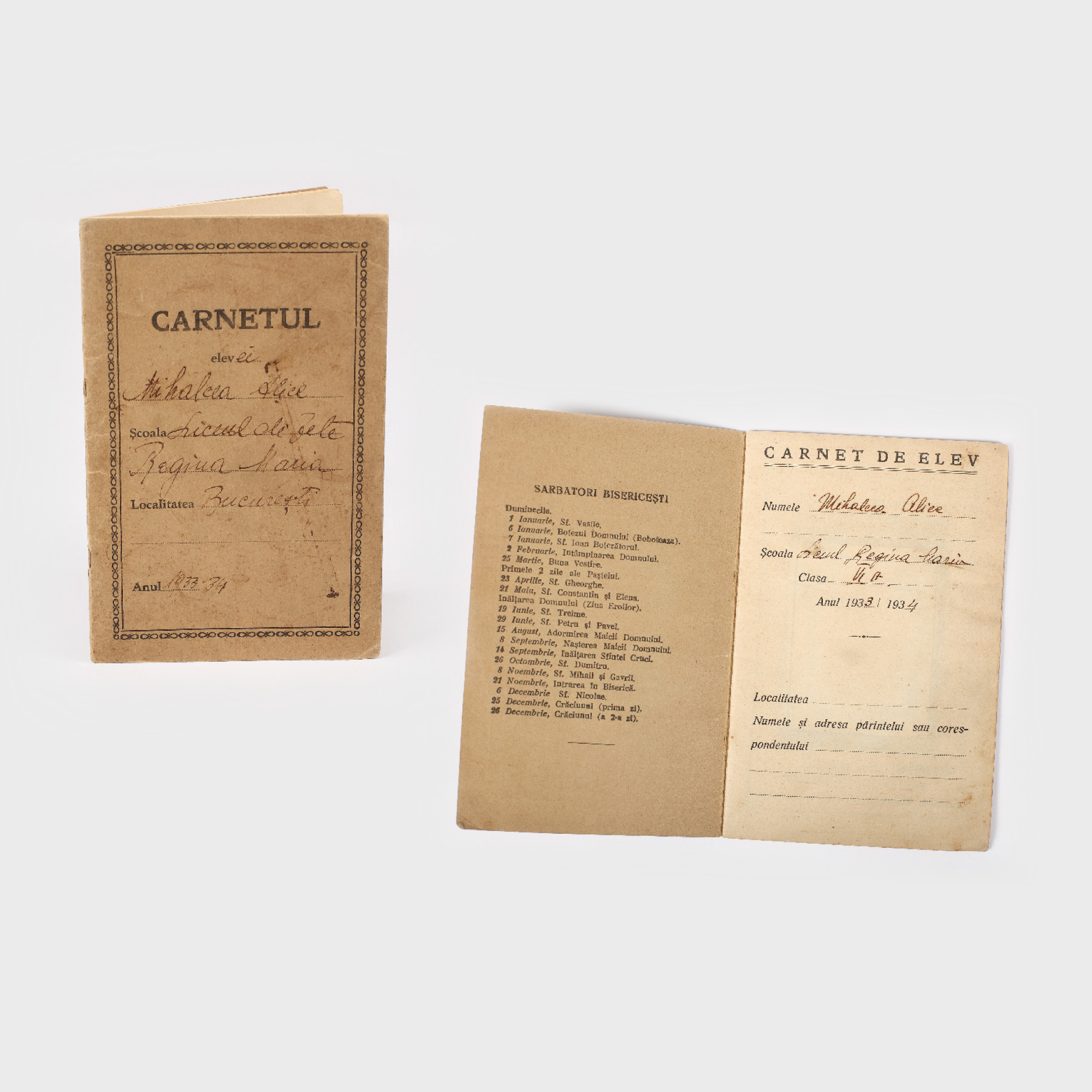 Carnet de elev la Liceul de fete "Regina Maria" (1933-1934)