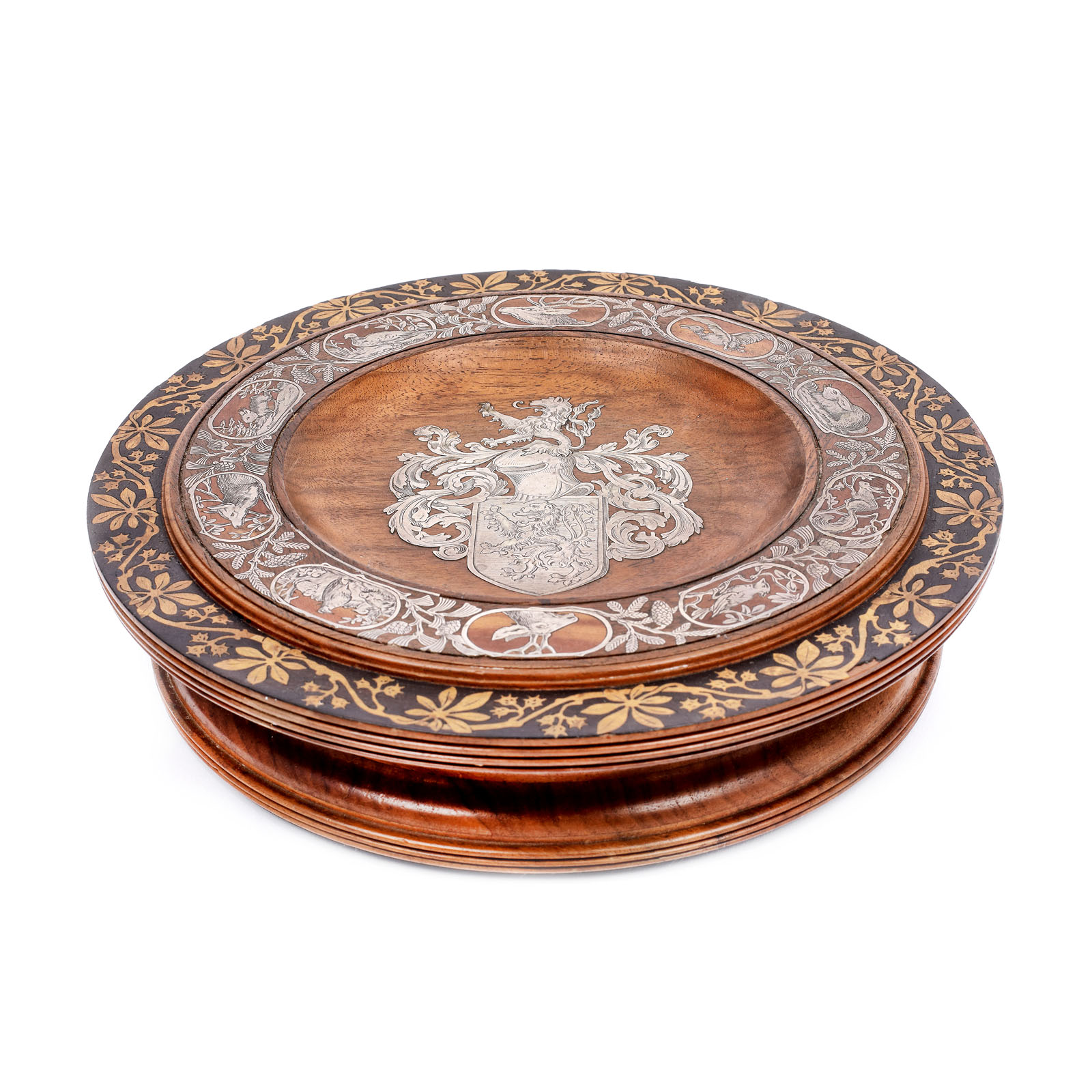 Rare trophy  made of wood with a heraldry decoration and inlaid hunting symbols made of silver, 19th century, collectible