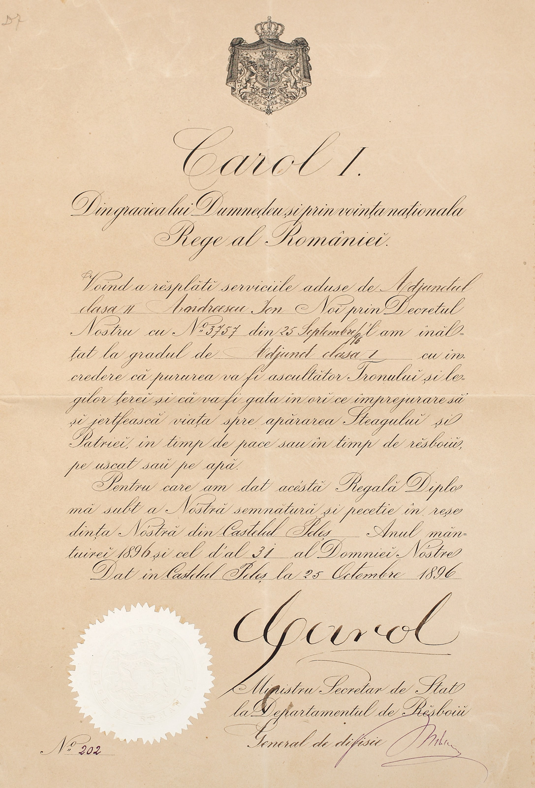 Diplomă Regală de înălțare în grad a unui ofițer din armata română, purtând semnătura și sigiliul Regelui Carol I