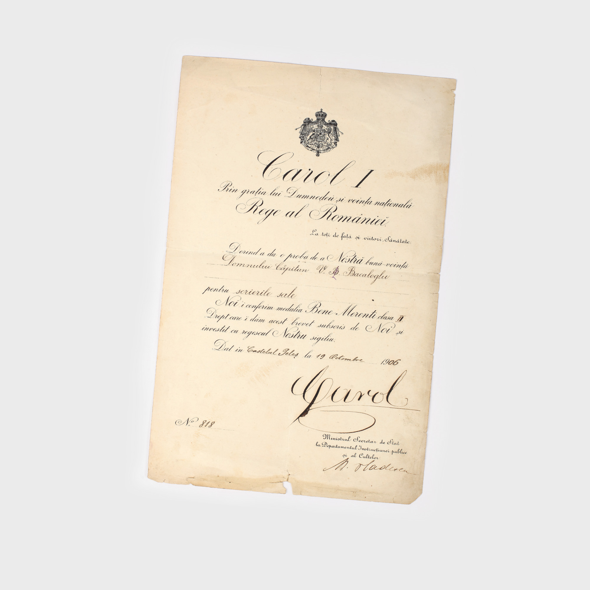 Brevet de acordare a medaliei "Bene-Merenti", semnat de Regele Carol I