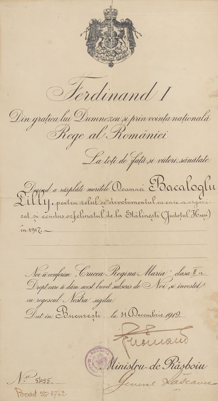 Brevet de acordare a "Crucii Regina Maria", semnat de Regele Ferdinand