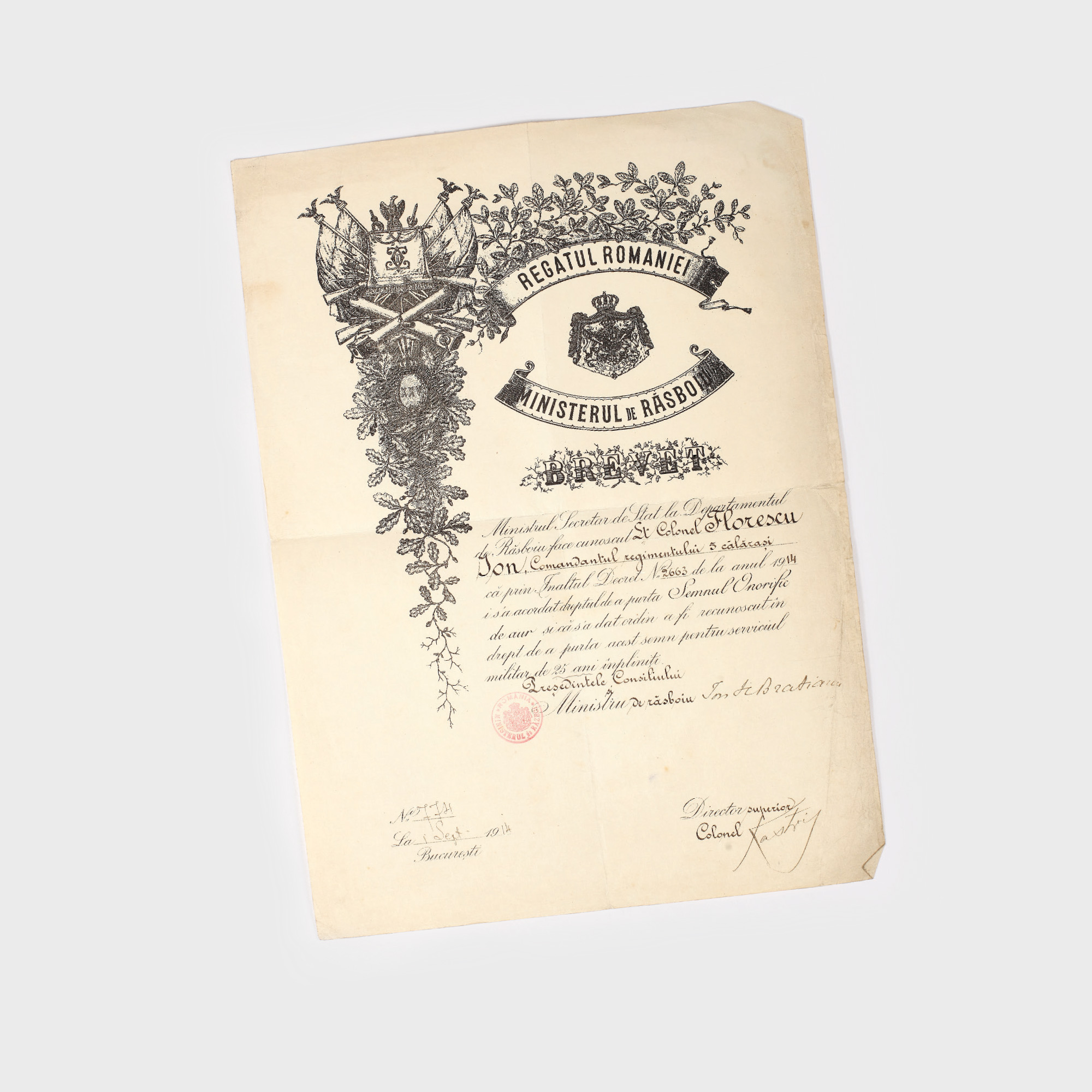 Brevet de acordare a Semnului Onorific de Aur, către colonelul Ion Florescu, semnat de Ion I. C. Brătianu