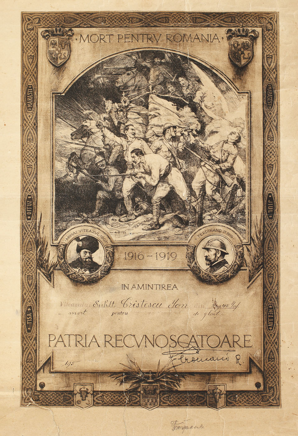Diplomă "Patria recunoscătoare", acordată Eroilor pentru reîntregirea neamului, desenată de pictorul Ion Stoica Dumitrescu