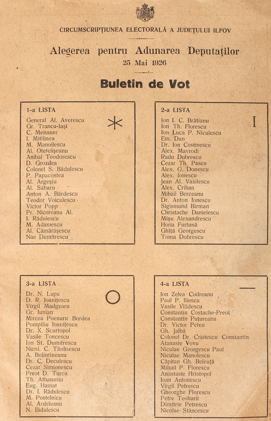 Buletin de vot, "Alegerea pentru Adunarea Deputaţilor", 25 mai 1926