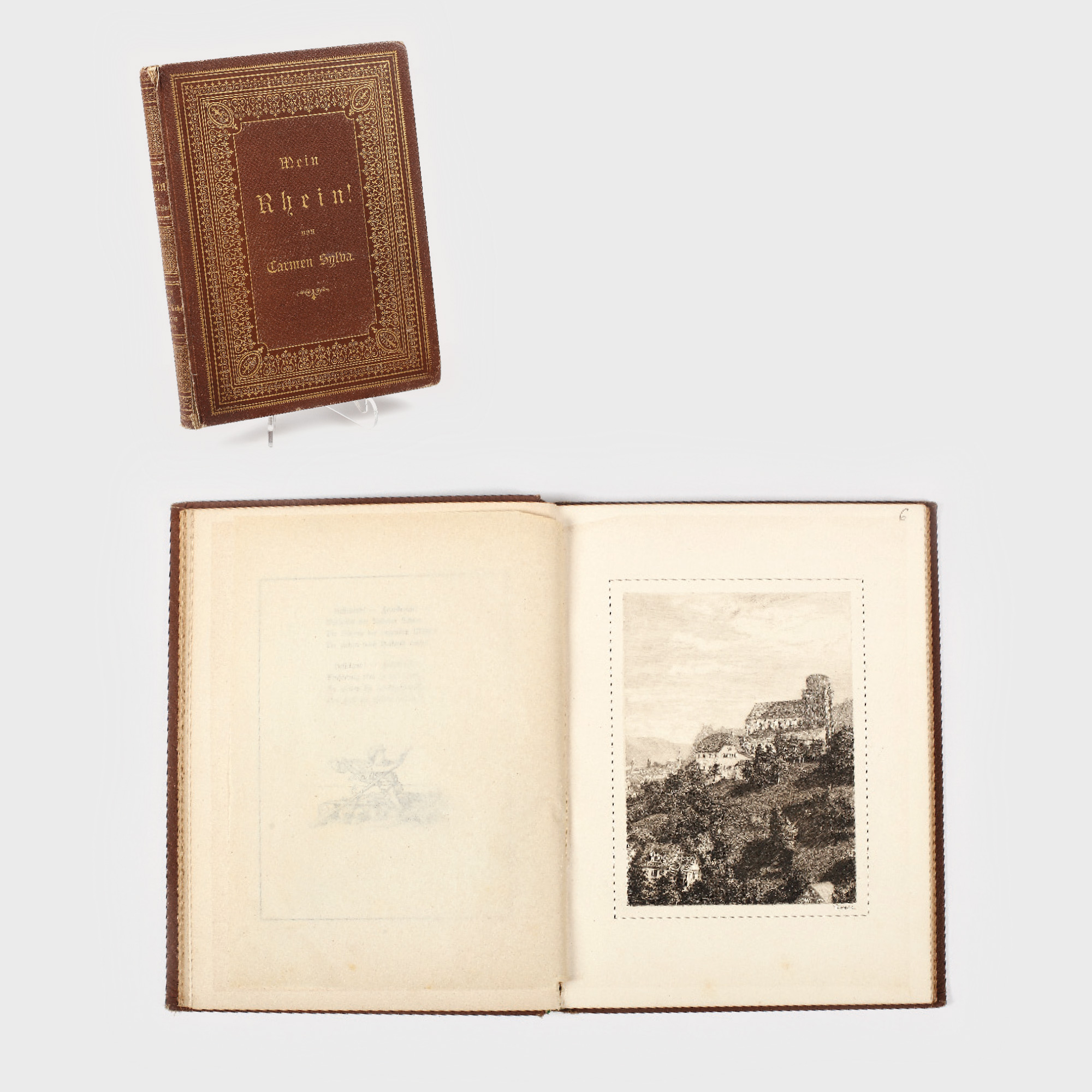 "Rinul meu", volum de poezii al Reginei Carmen Sylva, ediție în limba germană conținând 20 de gravuri, exemplarul provine din biblioteca Regelui Carol I