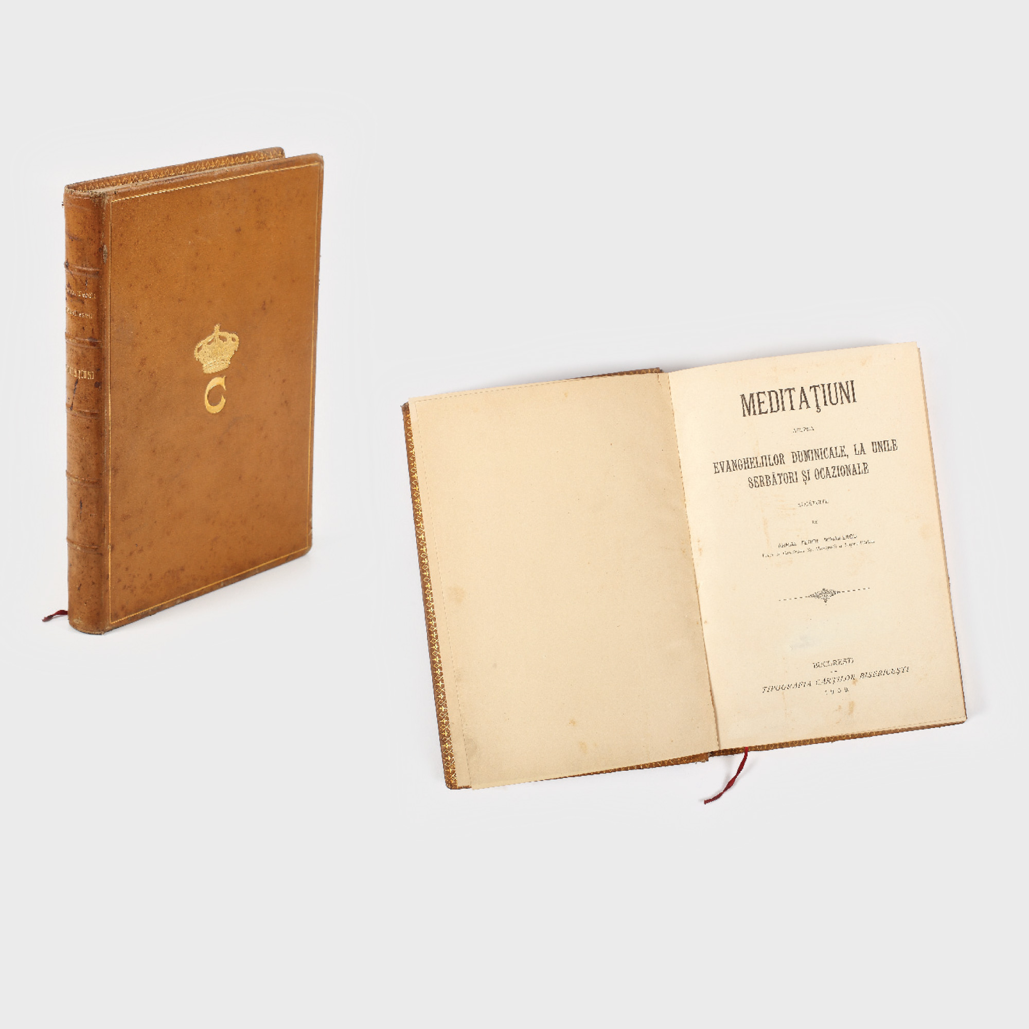 "Meditaţiuni asupra evangheliilor duminicale, la unile serbători şi ocazionale", de Arhim Teofil Mihăilescu, Bucureşti, 1909, exemplarul provine din biblioteca Regelui Carol I