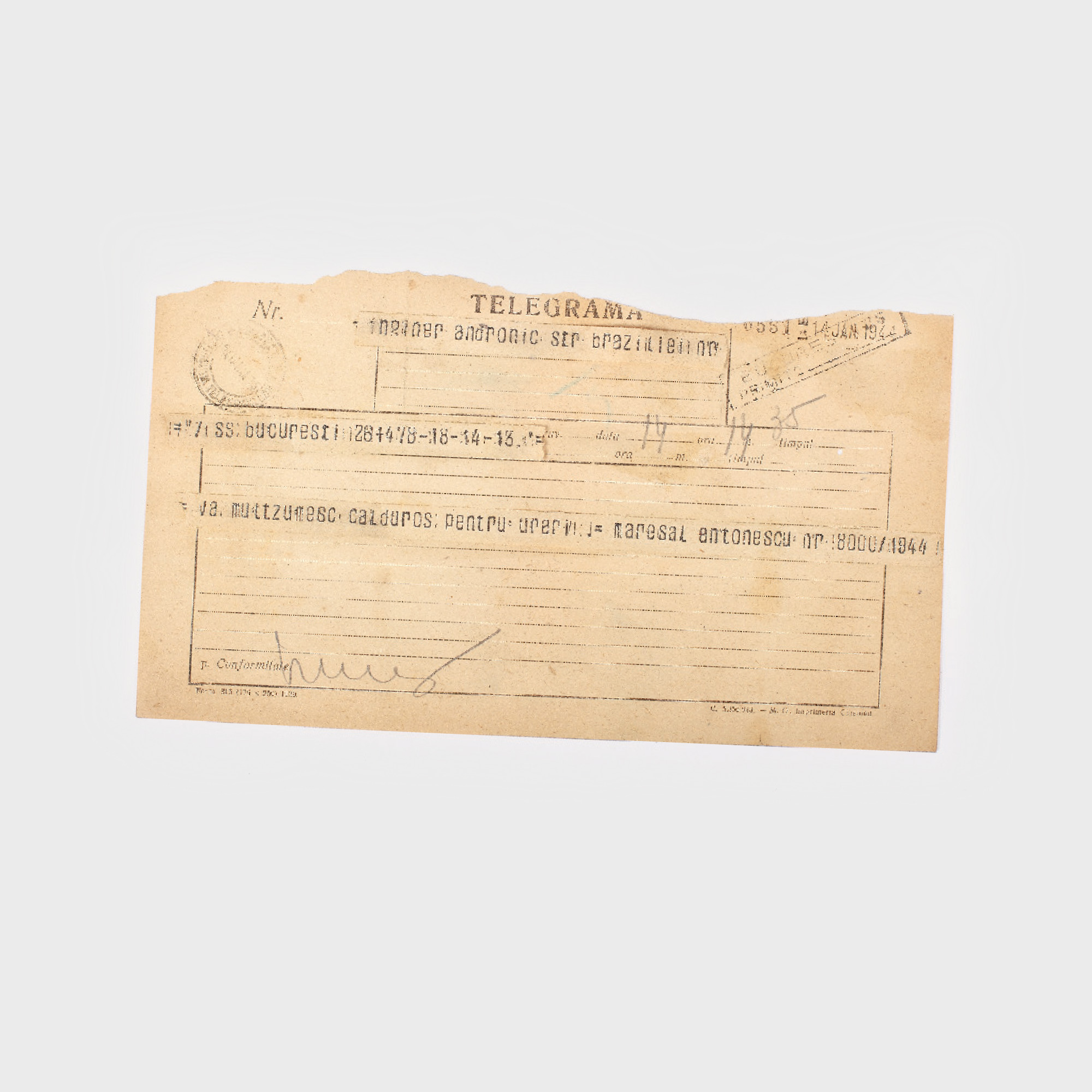 Telegramă de mulțumiri trimisă de Mareşalul Antonescu, 14 ianuarie 1944