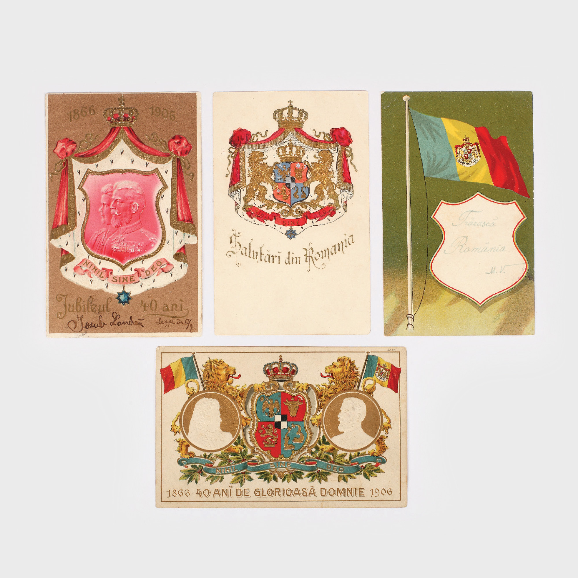 Lot de 4 cărți poștale litografiate în relief, Stema Vechiului Regat, Jubileul de 40 de ani, 40 de ani de Glorioasă Domnie și Steagul Vechiului Regat
