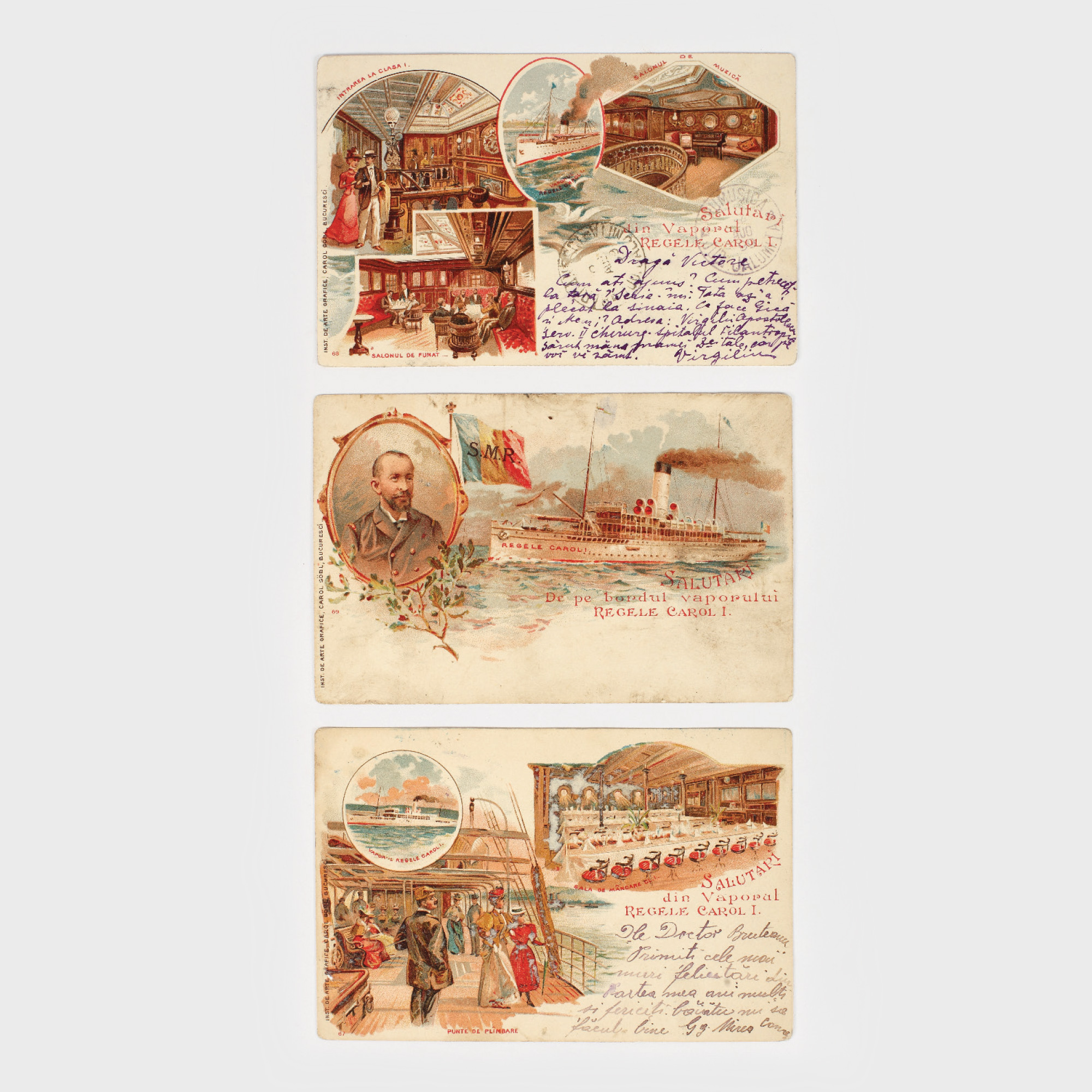 Lot de 3 cărți poștale litografiate, Pachebotul Regele Carol I, 1899