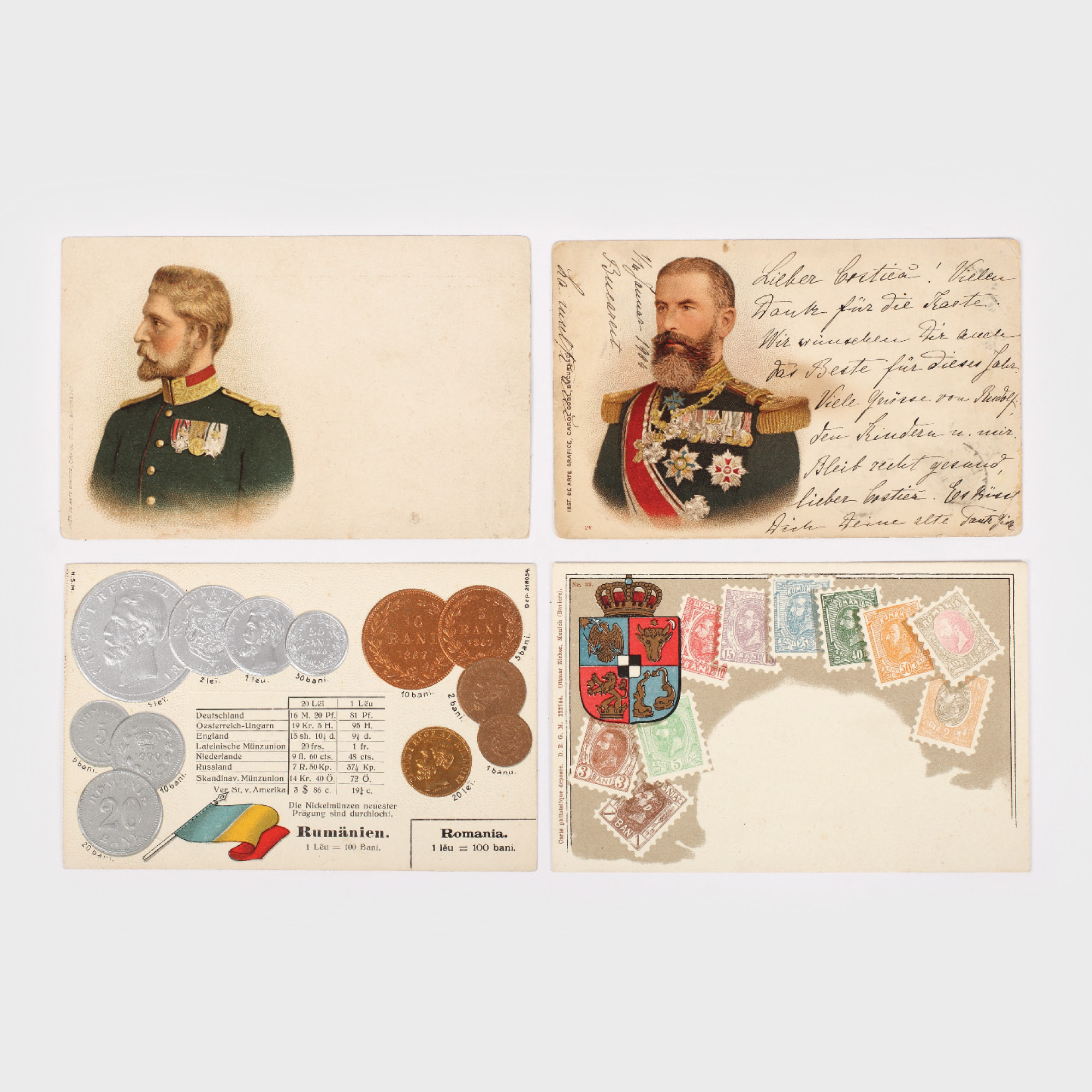 Lot de 4 cărți poștale litografiate în relief, Primele monede românești, Mărci poștale ”Spic de grâu”, Principele Ferdinand în ținută de colonel, Regele Carol I