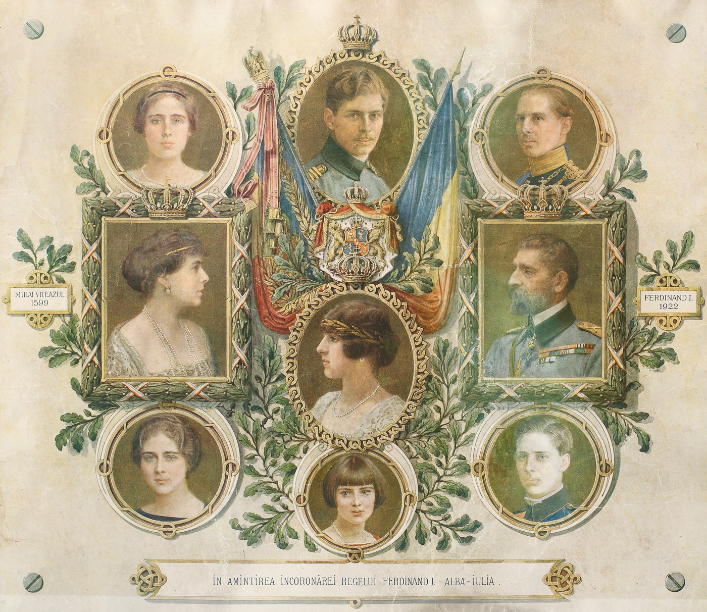 Cromolitografie reprezentând portretele în medalion ale Familiei Regale Române, realizat "În amintirea încoronărei Regelui Ferdinand I", Alba-Iulia 1922