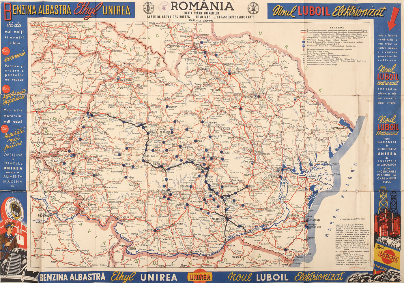 Harta "Stărei Drumurilor", Automobil Club Regal România, cu reclame la Luboil și la "benzina albastră" Ethyl Unirea”, anii 1930