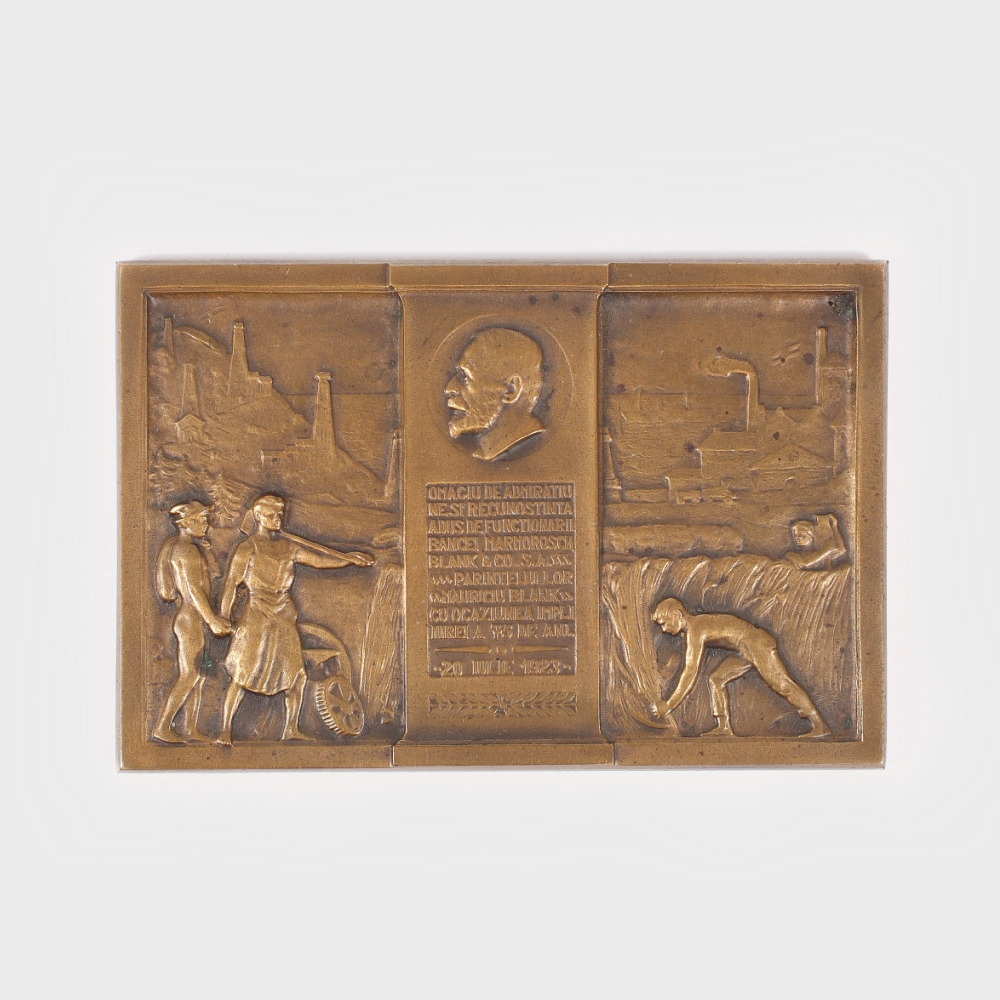 Plachetă dedicată lui Mauriciu Blank, președintele băncii Marmorosch Blank, cu ocazia împlinirii vârstei de 75 de ani, sculptor Frederic Storck, 1923